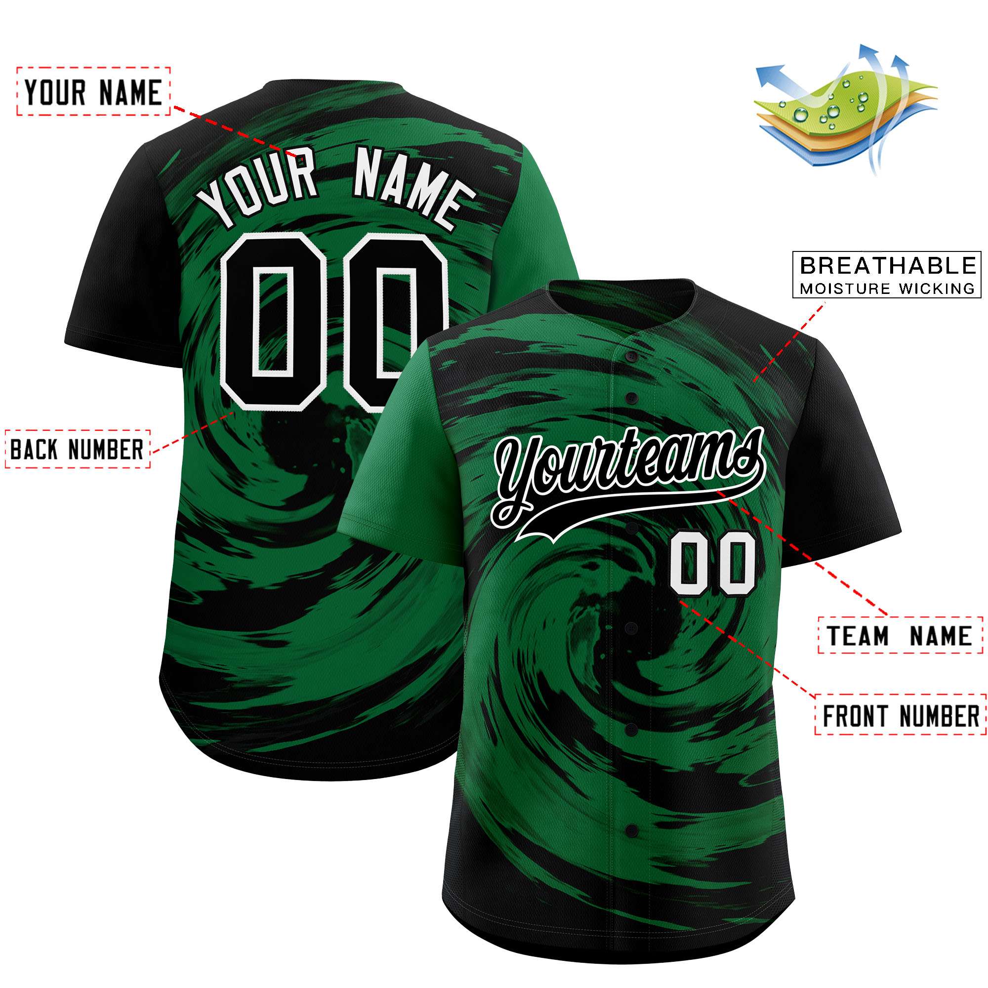 Custom Kelly Green Black Swirl Graffiti Pattern Authentic Baseball Jersey