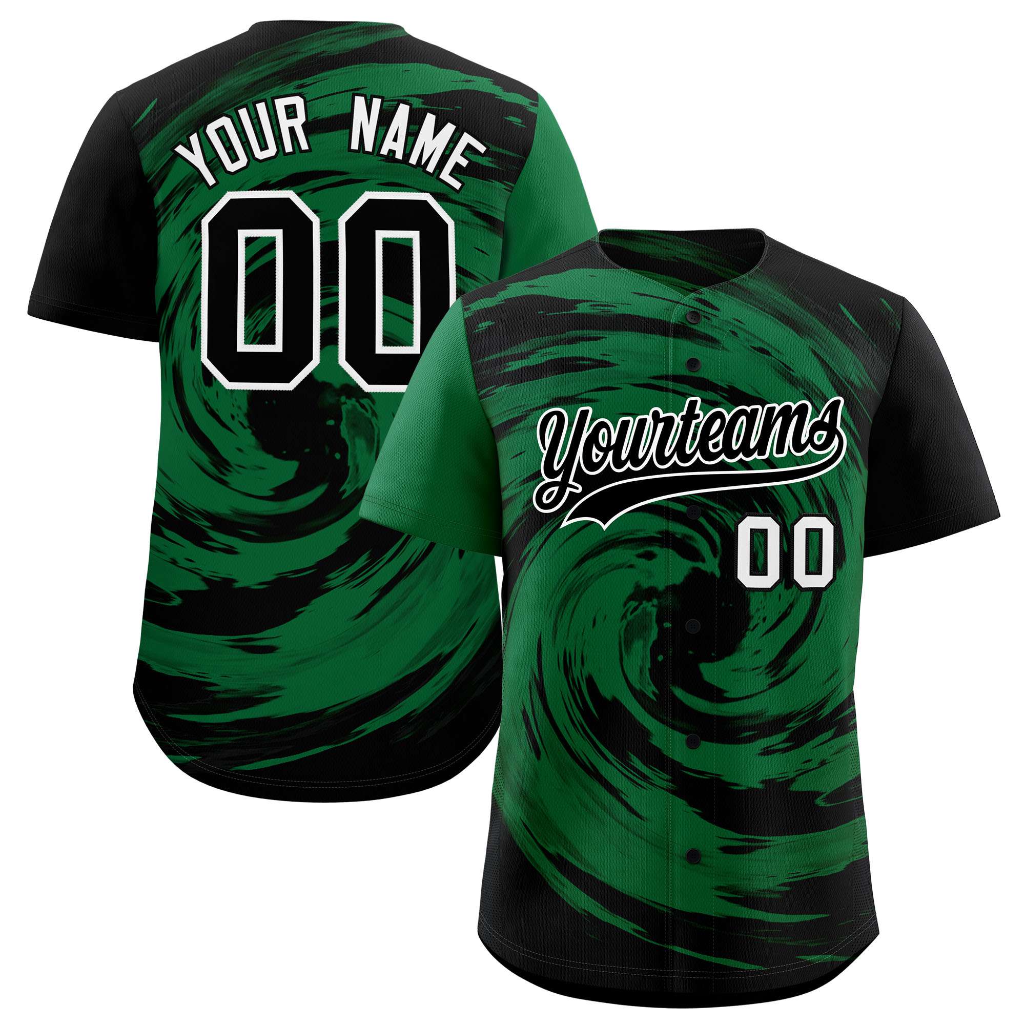 Custom Kelly Green Black Swirl Graffiti Pattern Authentic Baseball Jersey