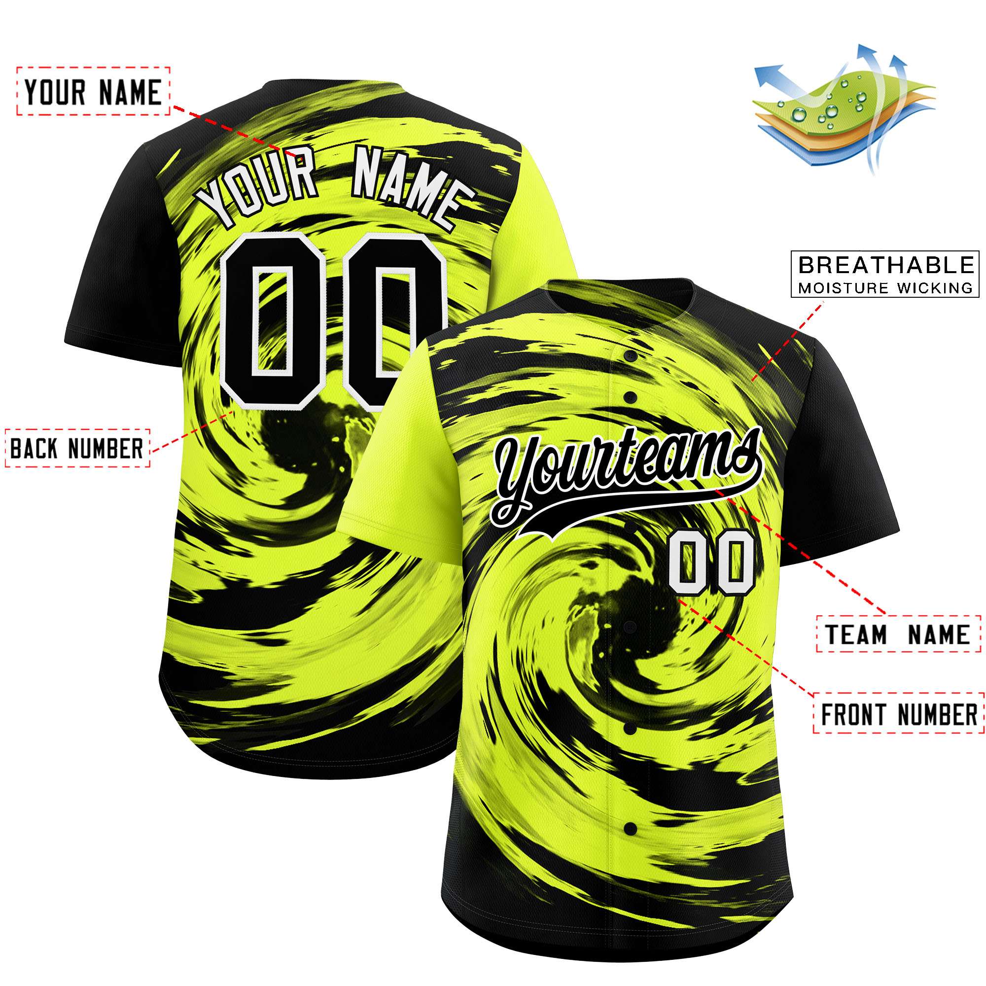 Custom Green Black Swirl Graffiti Pattern Authentic Baseball Jersey