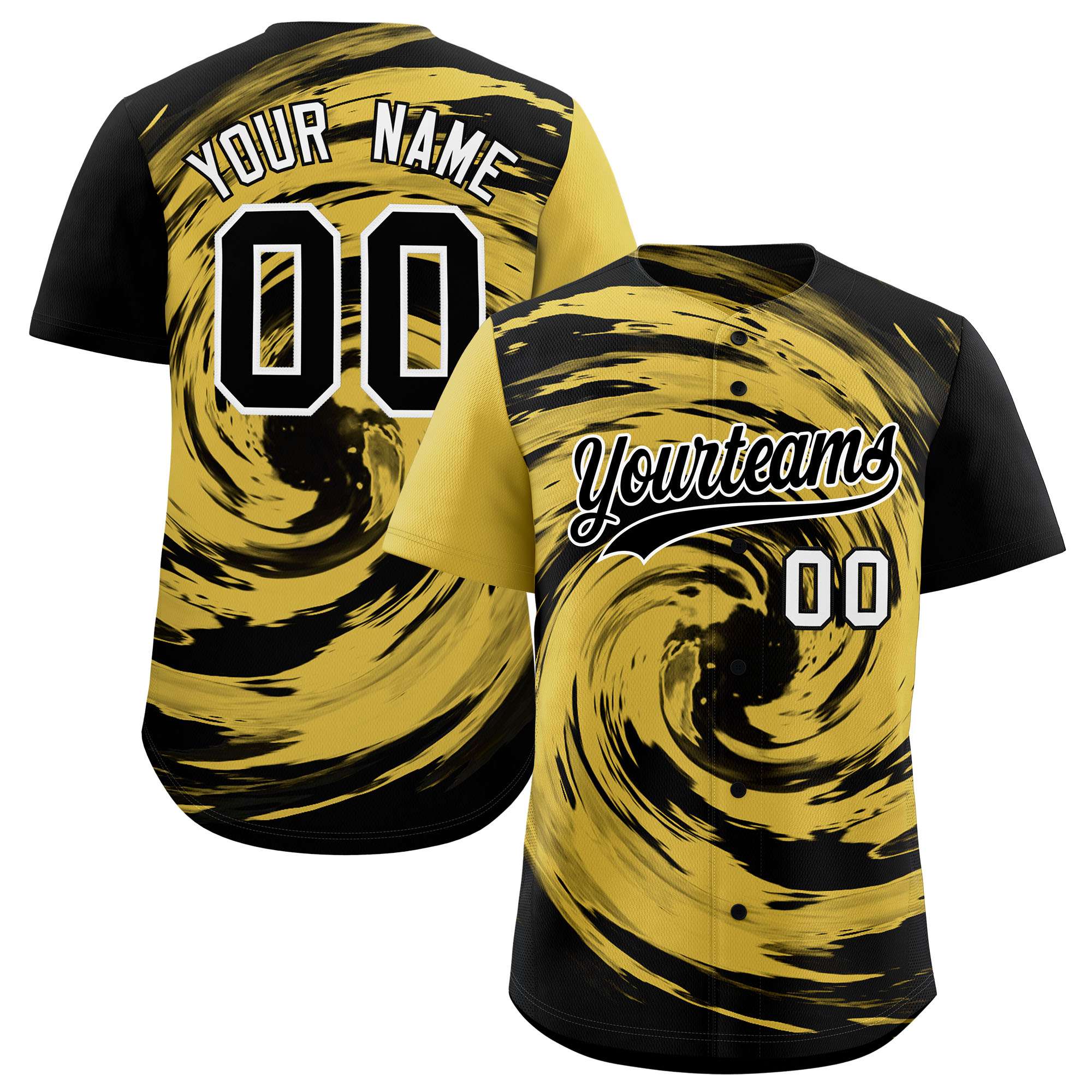 Custom Old Gold Black Swirl Graffiti Pattern Authentic Baseball Jersey