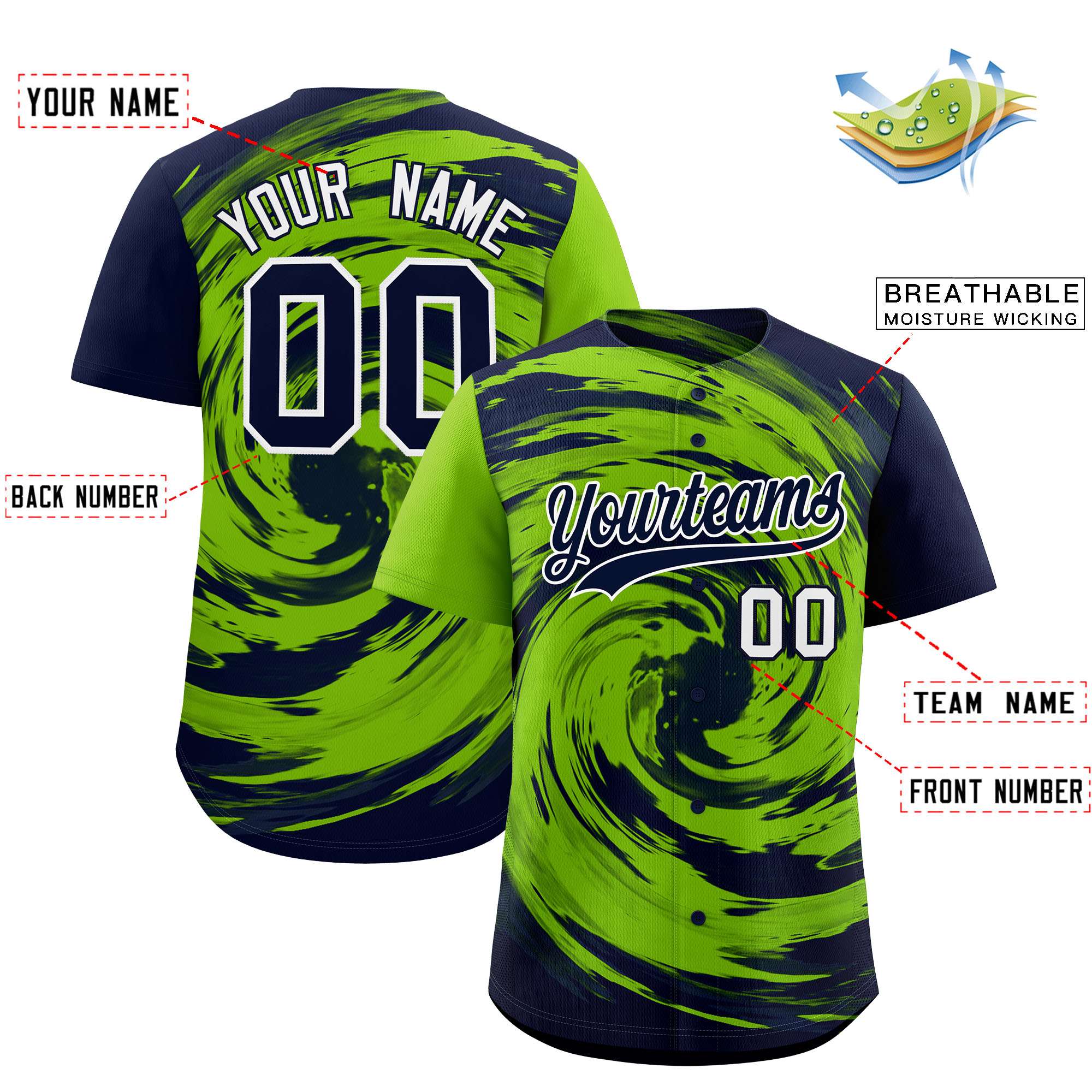 Custom Neon Green Navy Swirl Graffiti Pattern Authentic Baseball Jersey