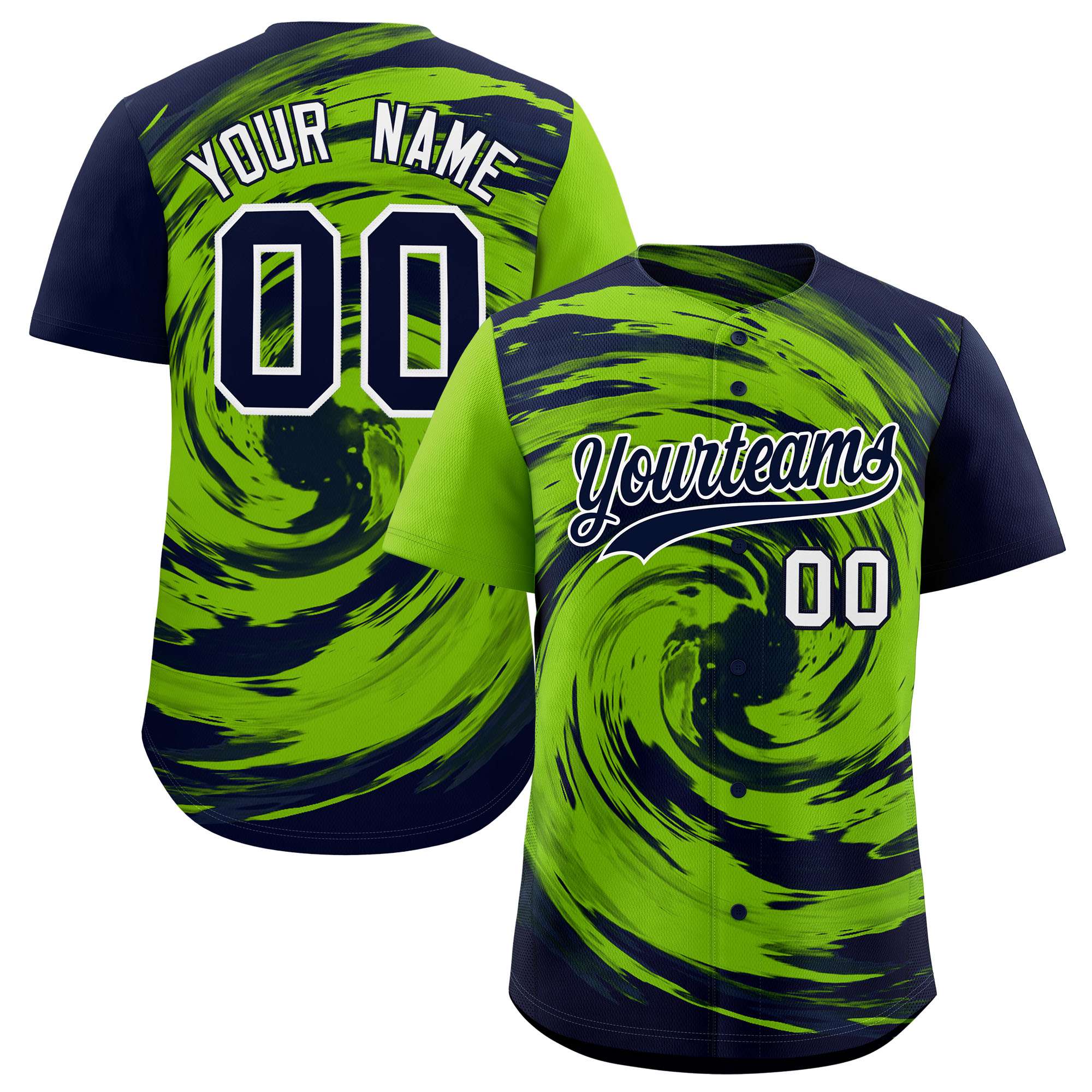 Custom Neon Green Navy Swirl Graffiti Pattern Authentic Baseball Jersey