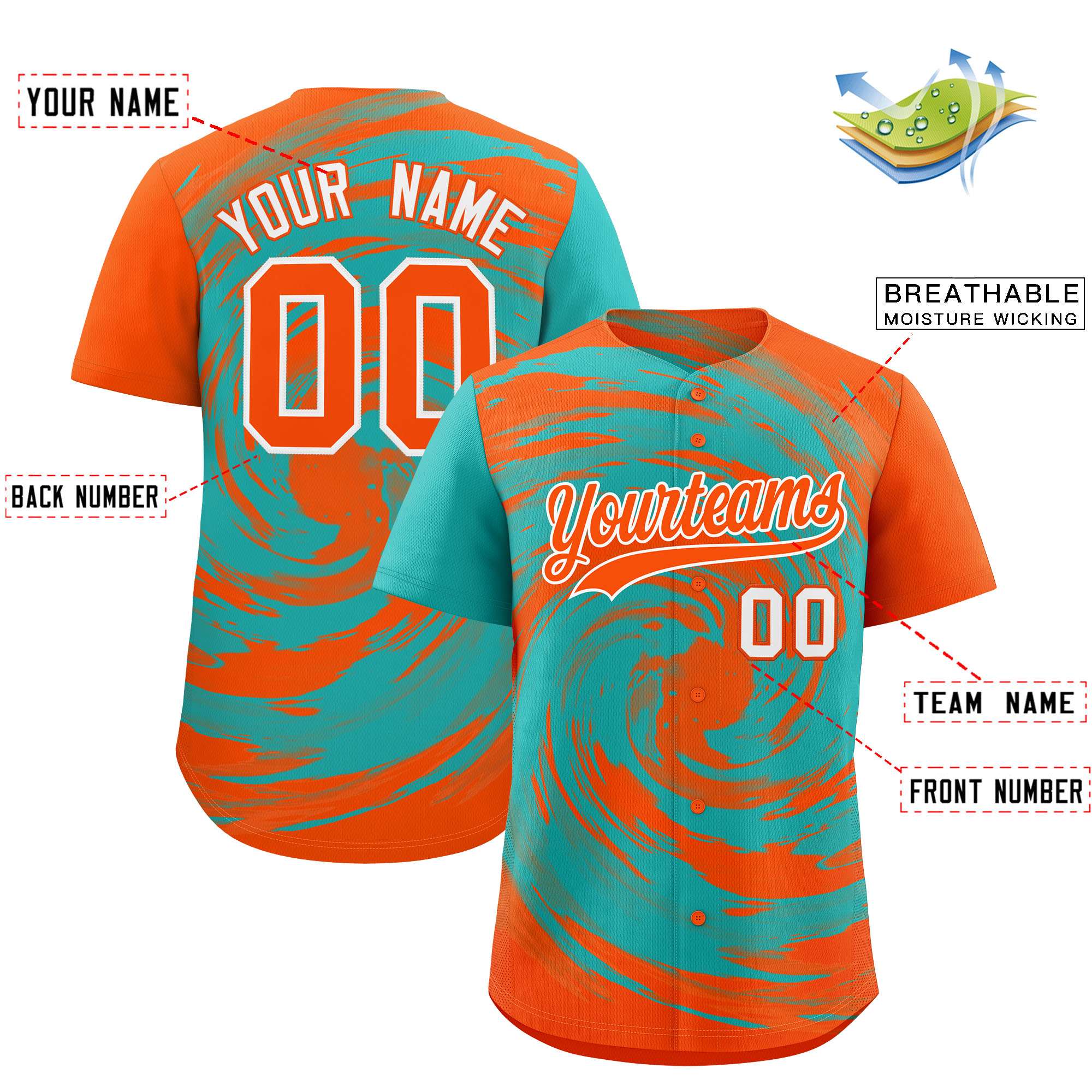 Custom Aqua Orange Swirl Graffiti Pattern Authentic Baseball Jersey