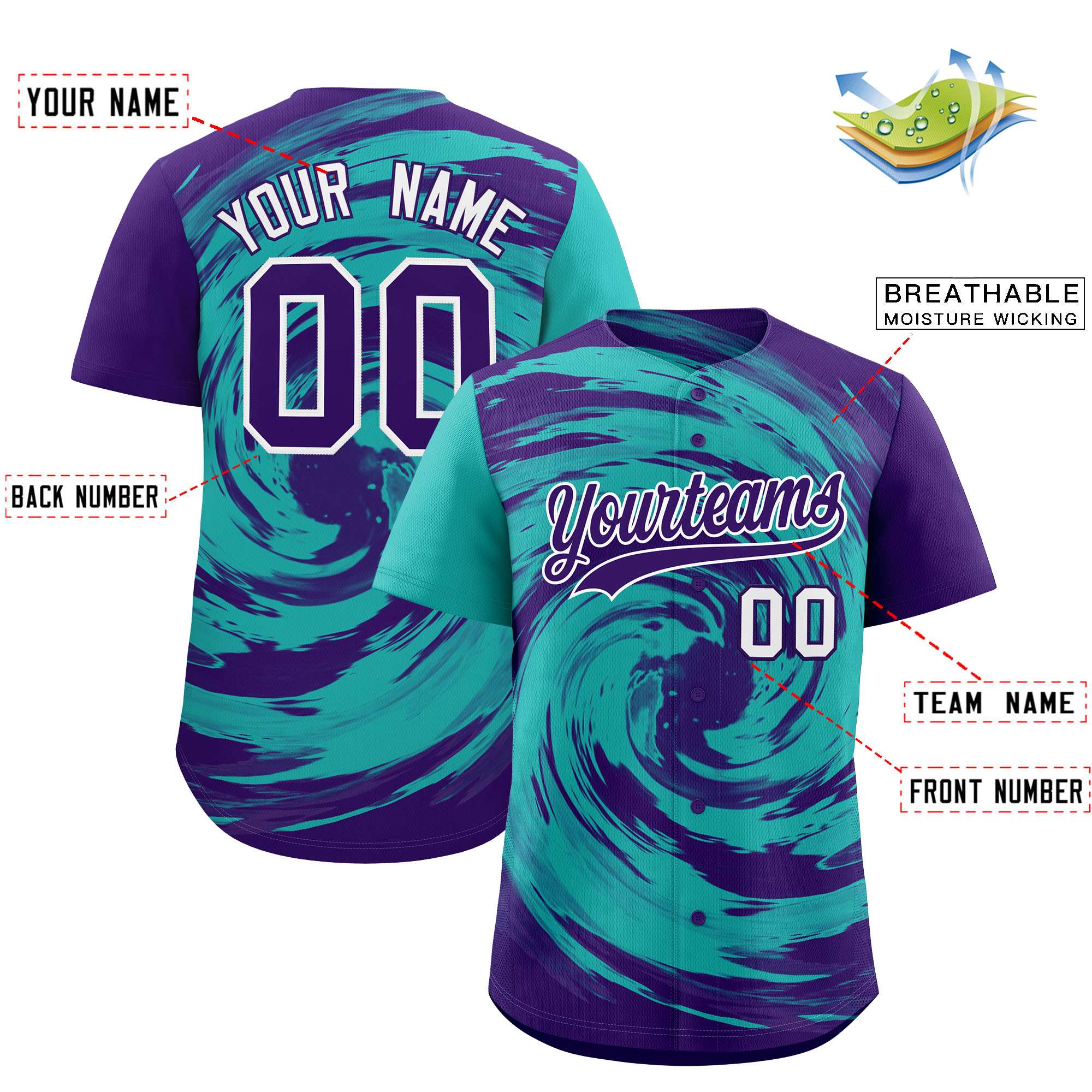 Custom Aqua Purple Swirl Graffiti Pattern Authentic Baseball Jersey