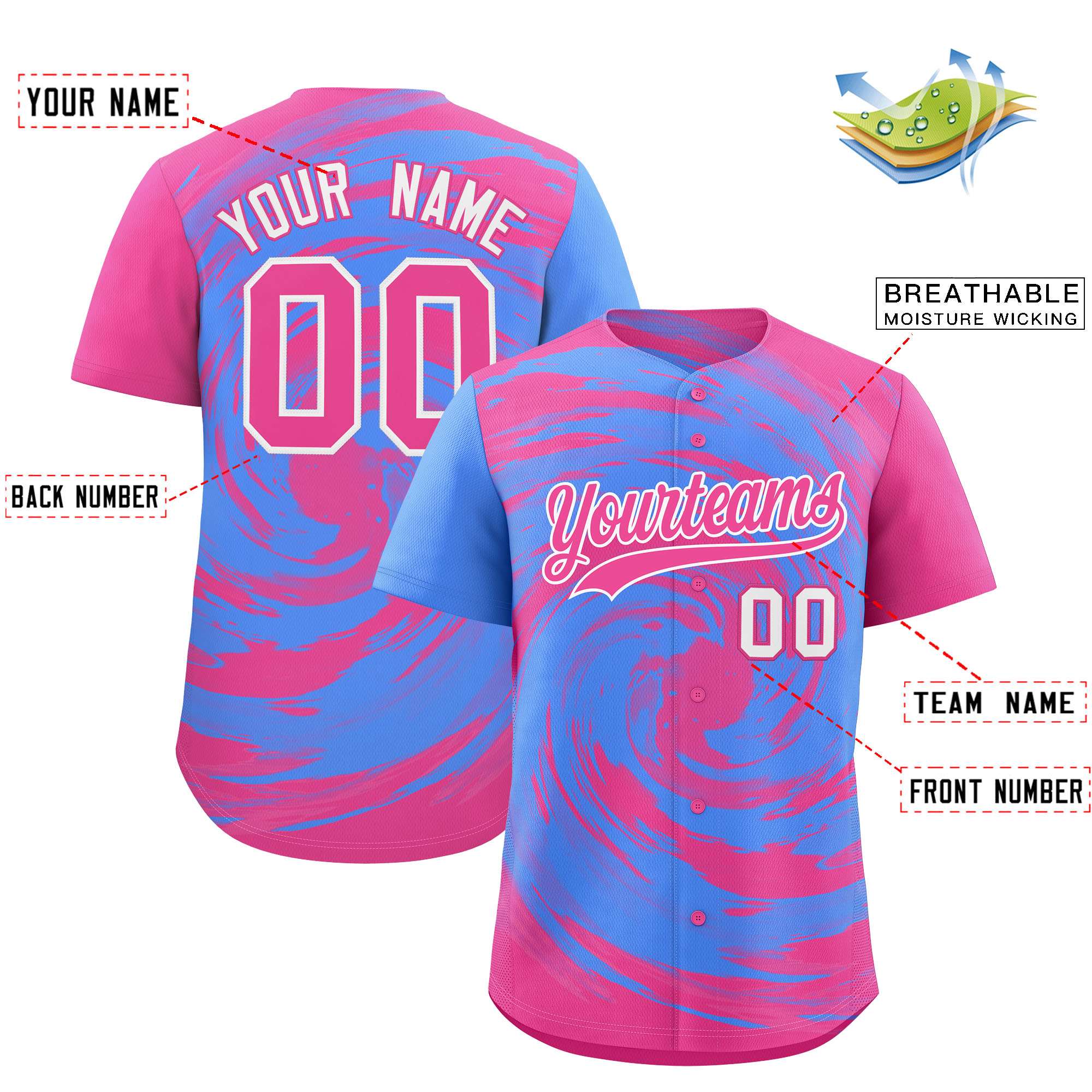 Custom Powder Blue Pink Swirl Graffiti Pattern Authentic Baseball Jersey