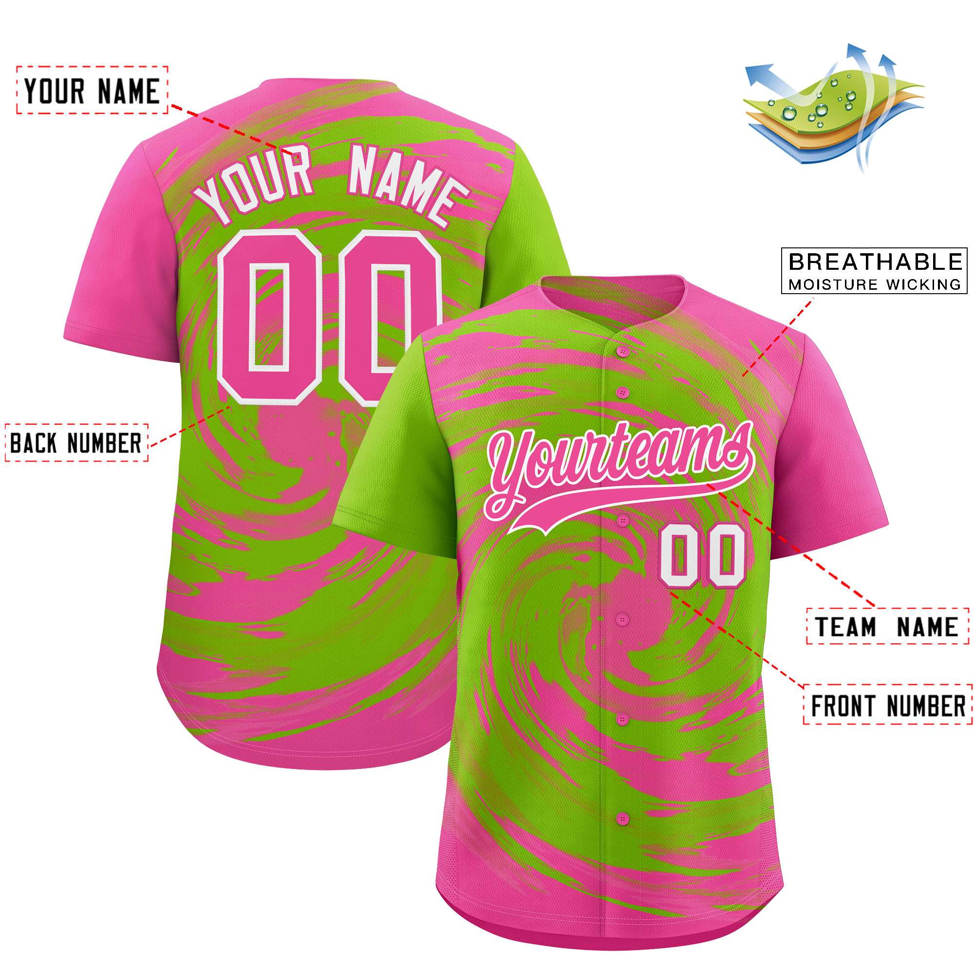 Custom Neon Green Pink Swirl Graffiti Pattern Authentic Baseball Jersey