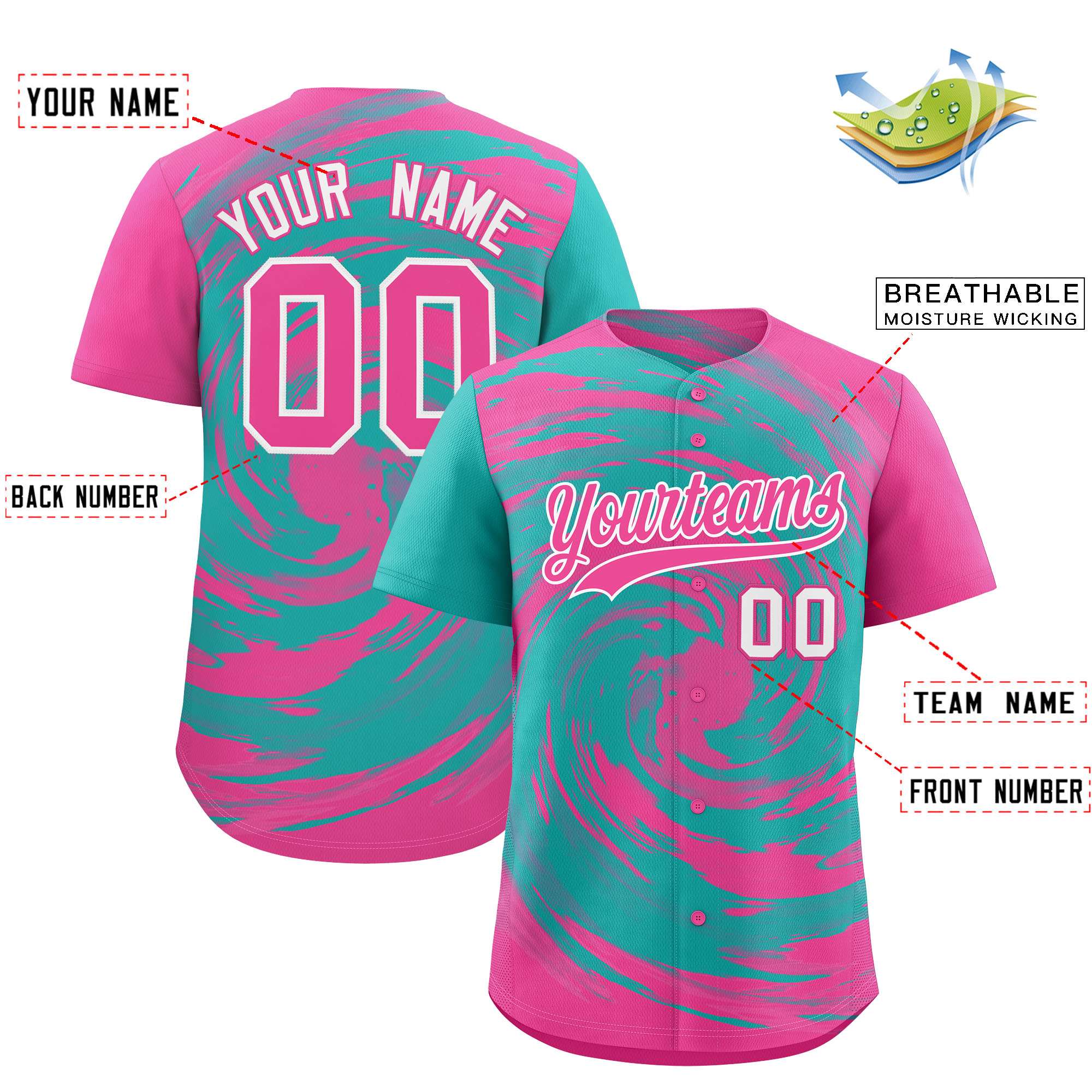 Custom Aqua Pink Swirl Graffiti Pattern Authentic Baseball Jersey