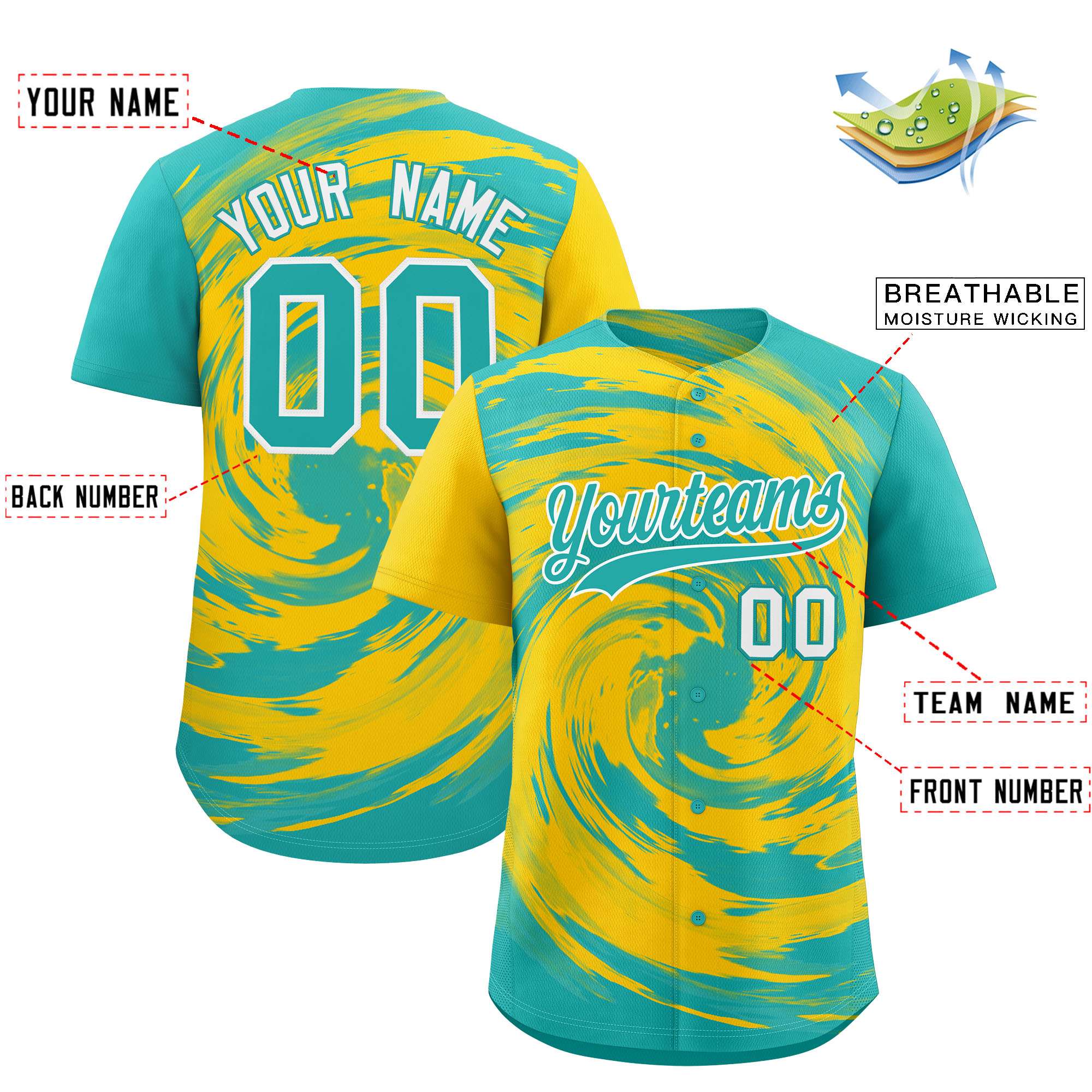 Custom Gold Aqua Swirl Graffiti Pattern Authentic Baseball Jersey