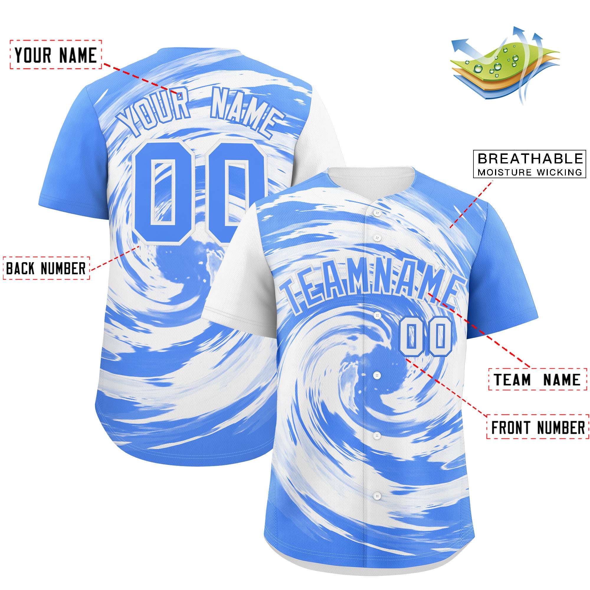 Custom White Powder Blue Swirl Graffiti Pattern Authentic Baseball Jersey