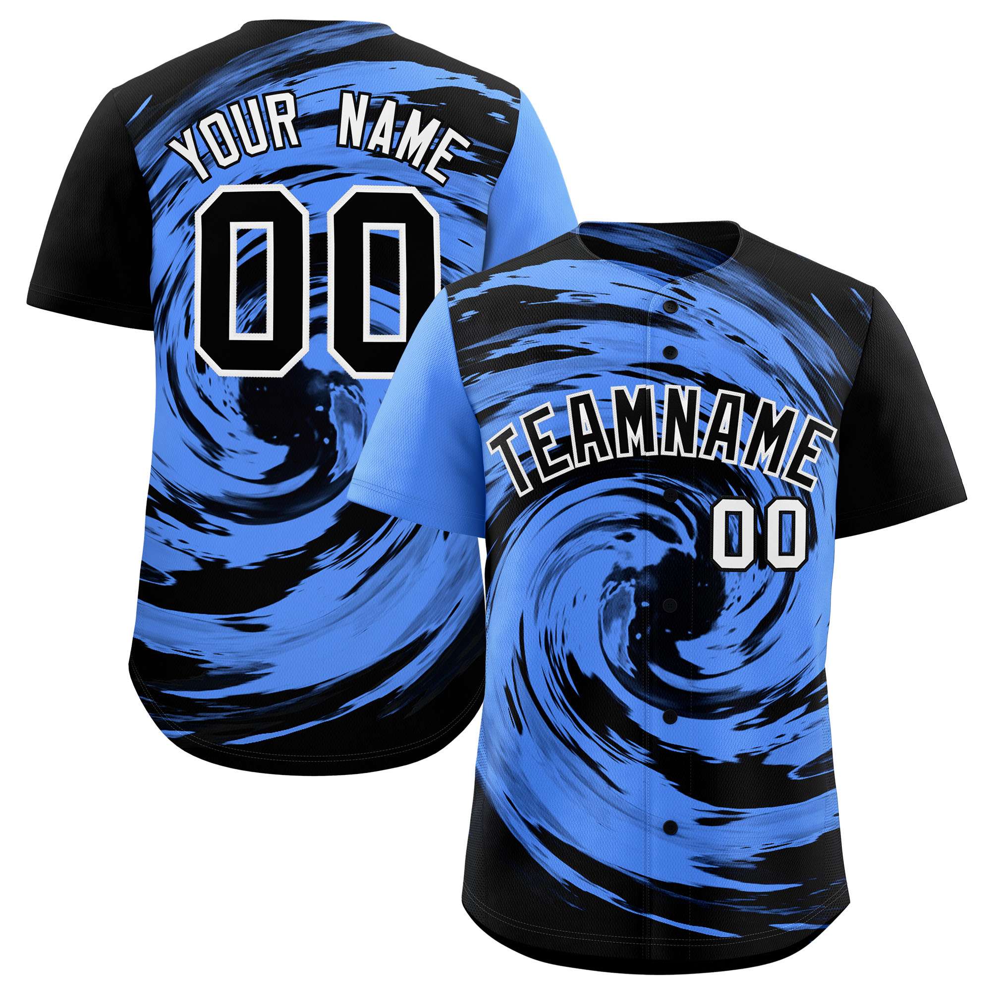 Custom Powder Blue Black Swirl Graffiti Pattern Authentic Baseball Jersey