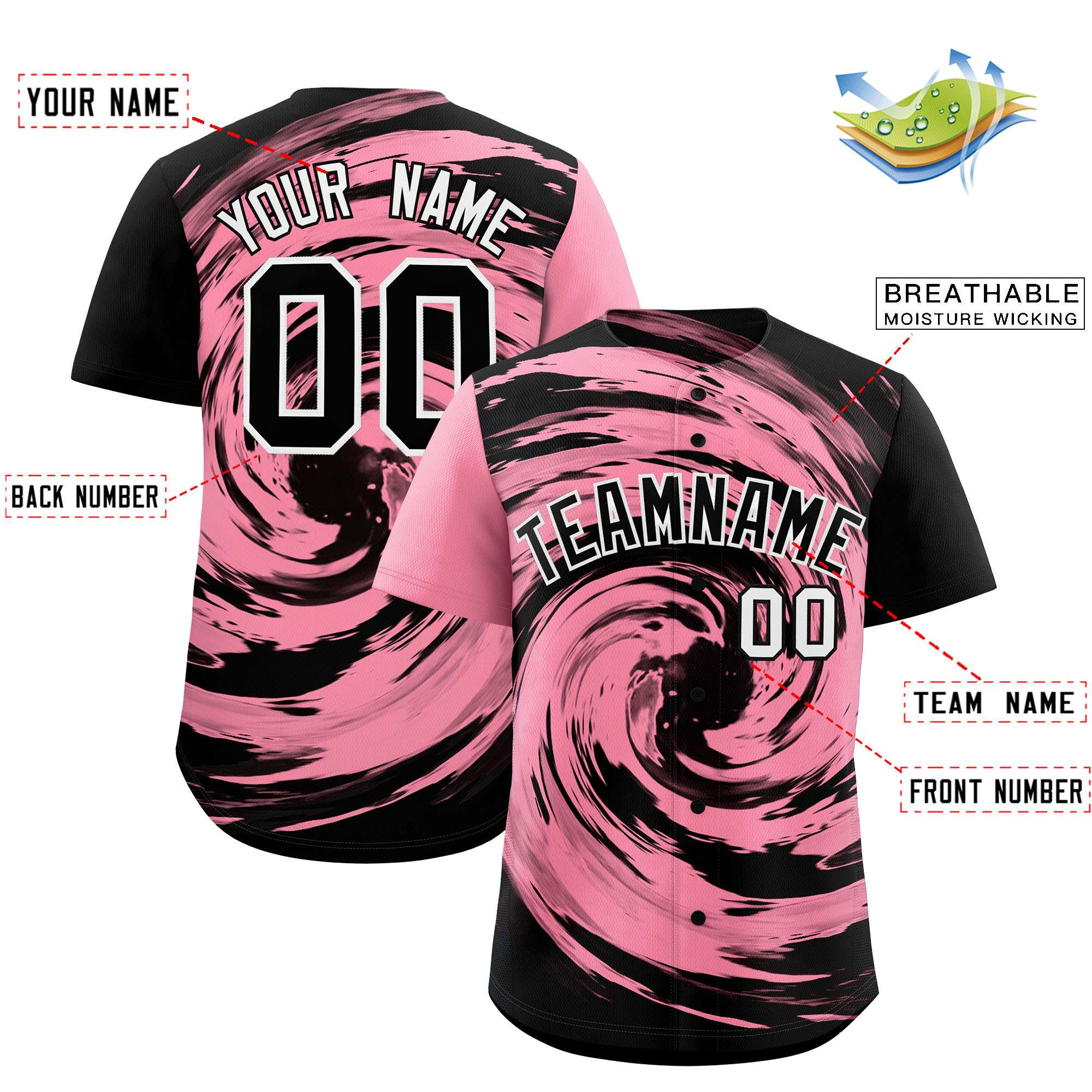 Custom Light Pink Black Swirl Graffiti Pattern Authentic Baseball Jersey