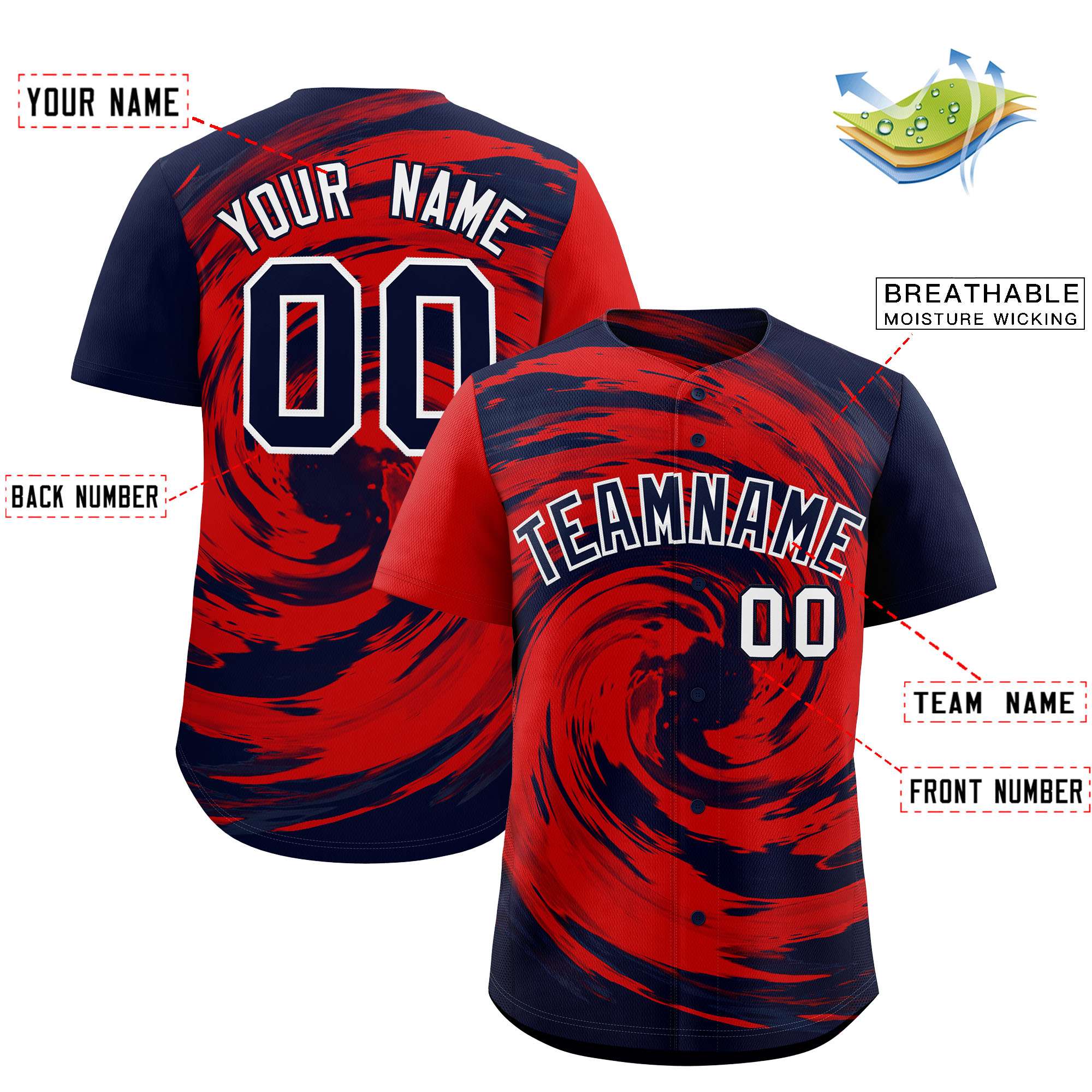 Custom Red Navy Swirl Graffiti Pattern Authentic Baseball Jersey