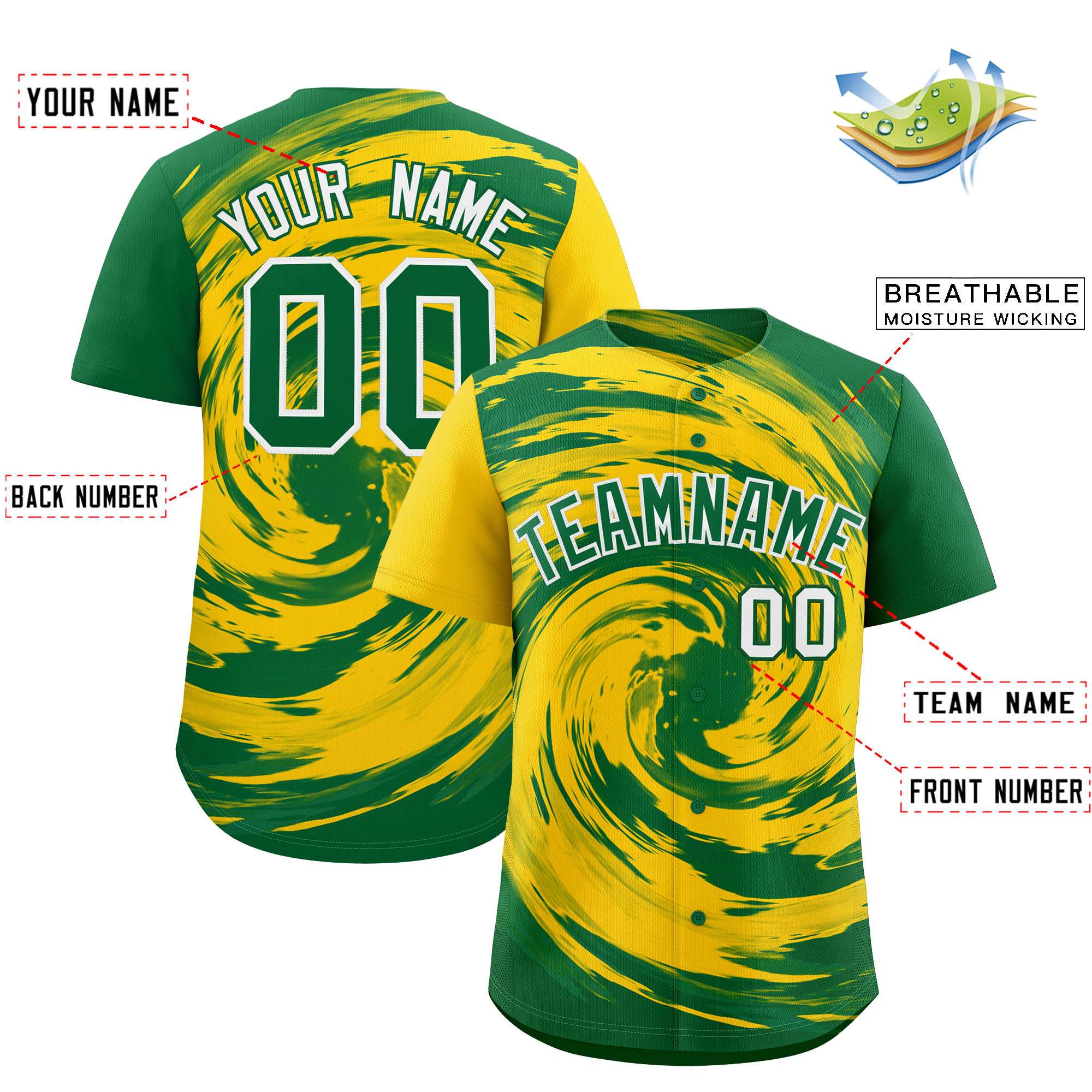 Custom Gold Kelly Green Swirl Graffiti Pattern Authentic Baseball Jersey