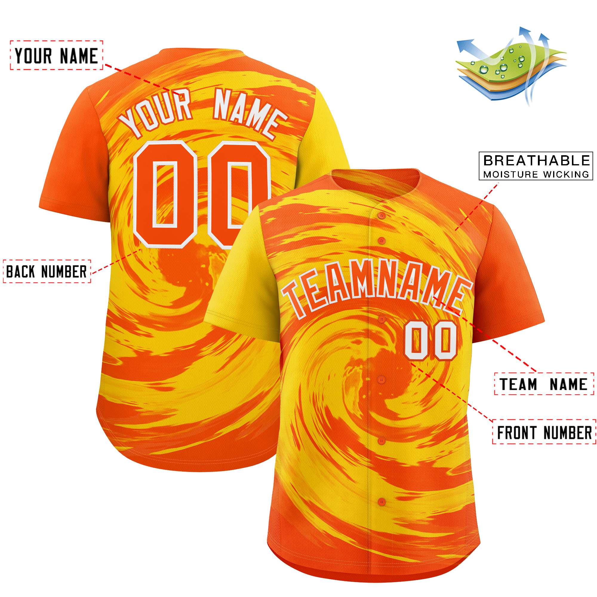 Custom Gold Orange Swirl Graffiti Pattern Authentic Baseball Jersey