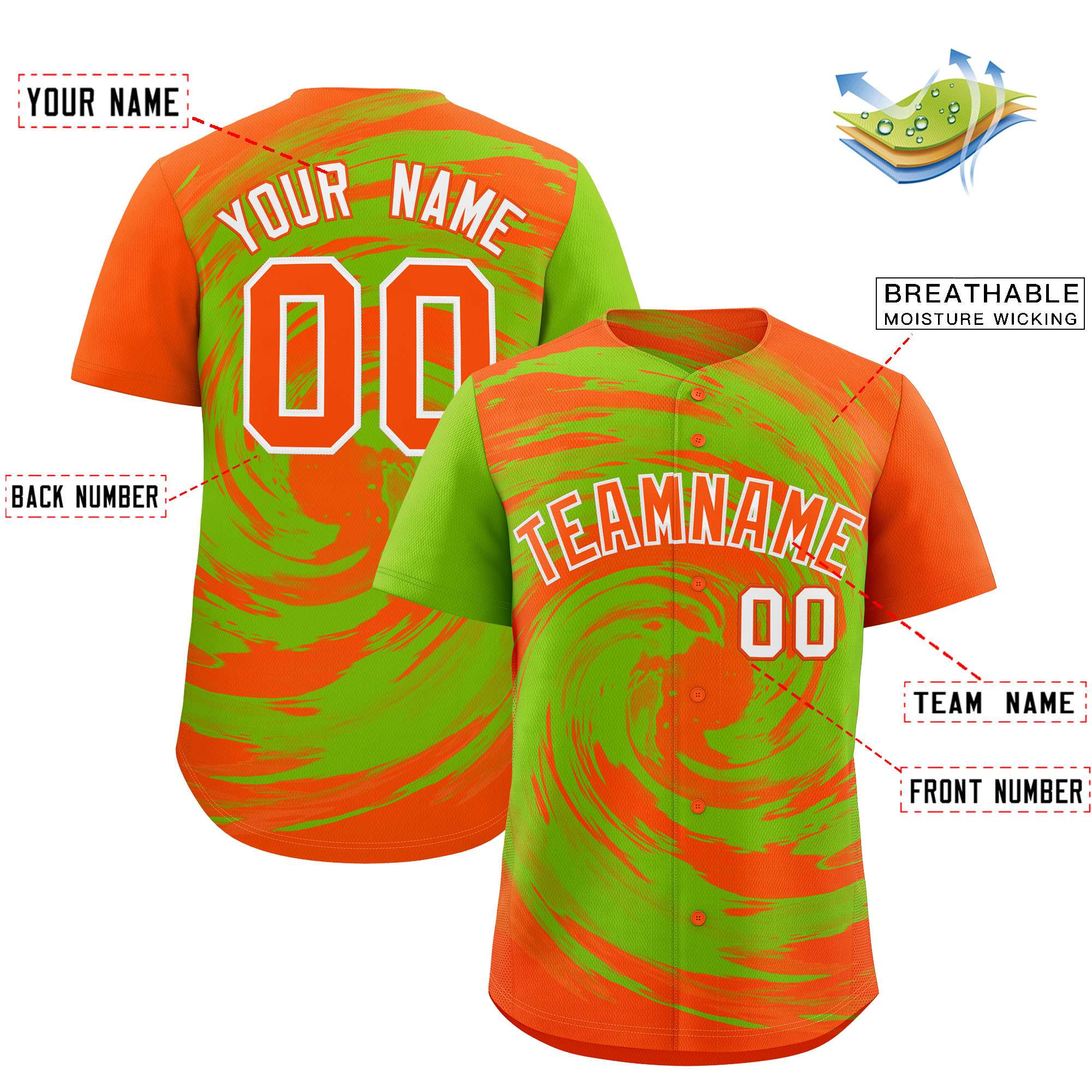 Custom Neon Green Orange Swirl Graffiti Pattern Authentic Baseball Jersey