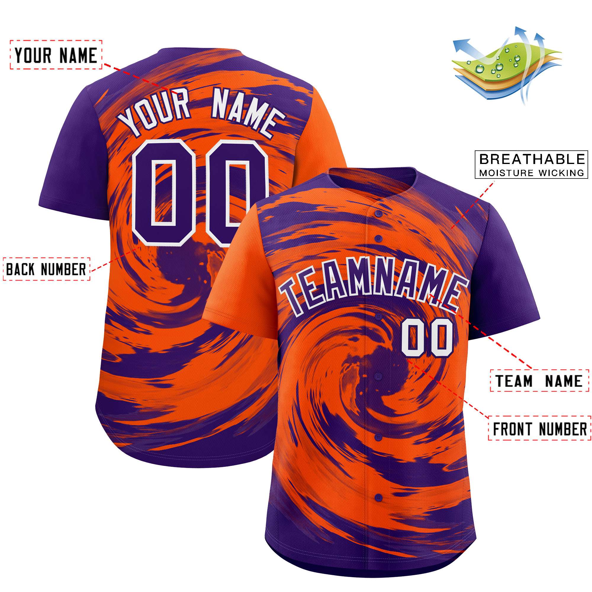 Custom Purple Orange Swirl Graffiti Pattern Authentic Baseball Jersey