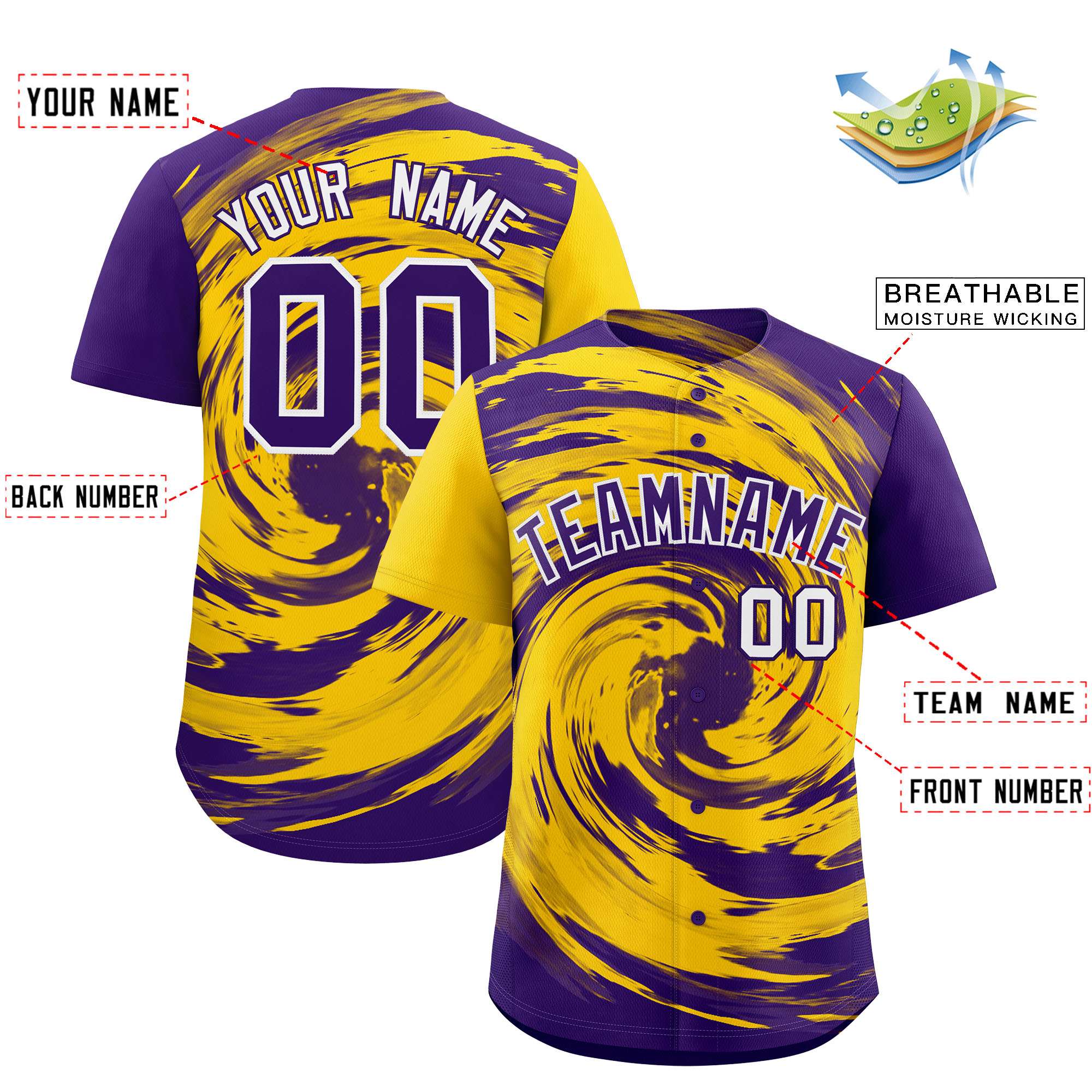 Custom Gold Purple Swirl Graffiti Pattern Authentic Baseball Jersey