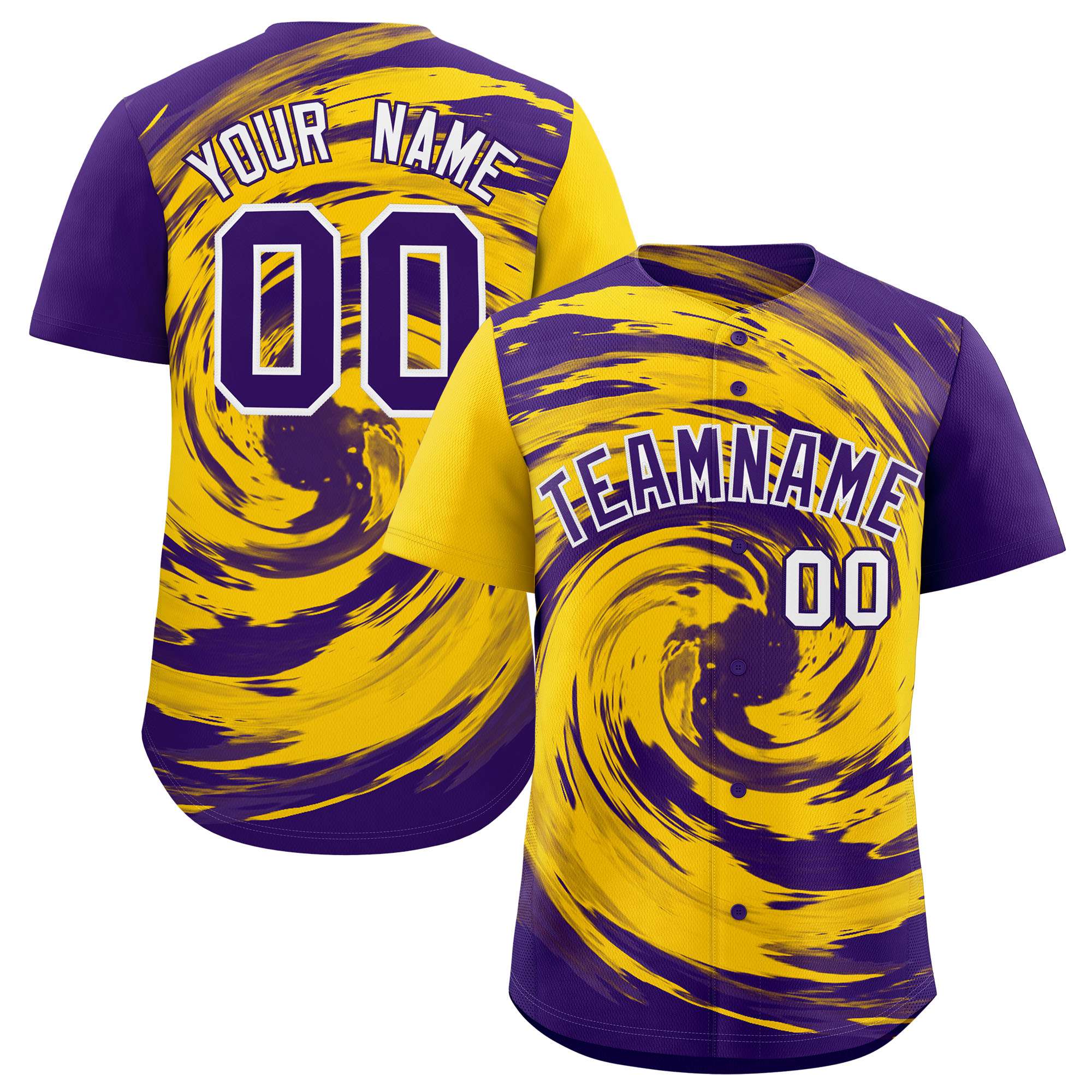 Custom Gold Purple Swirl Graffiti Pattern Authentic Baseball Jersey