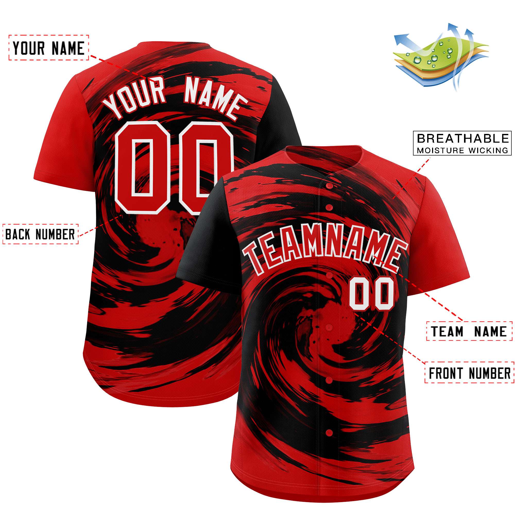 Custom Black Red Swirl Graffiti Pattern Authentic Baseball Jersey