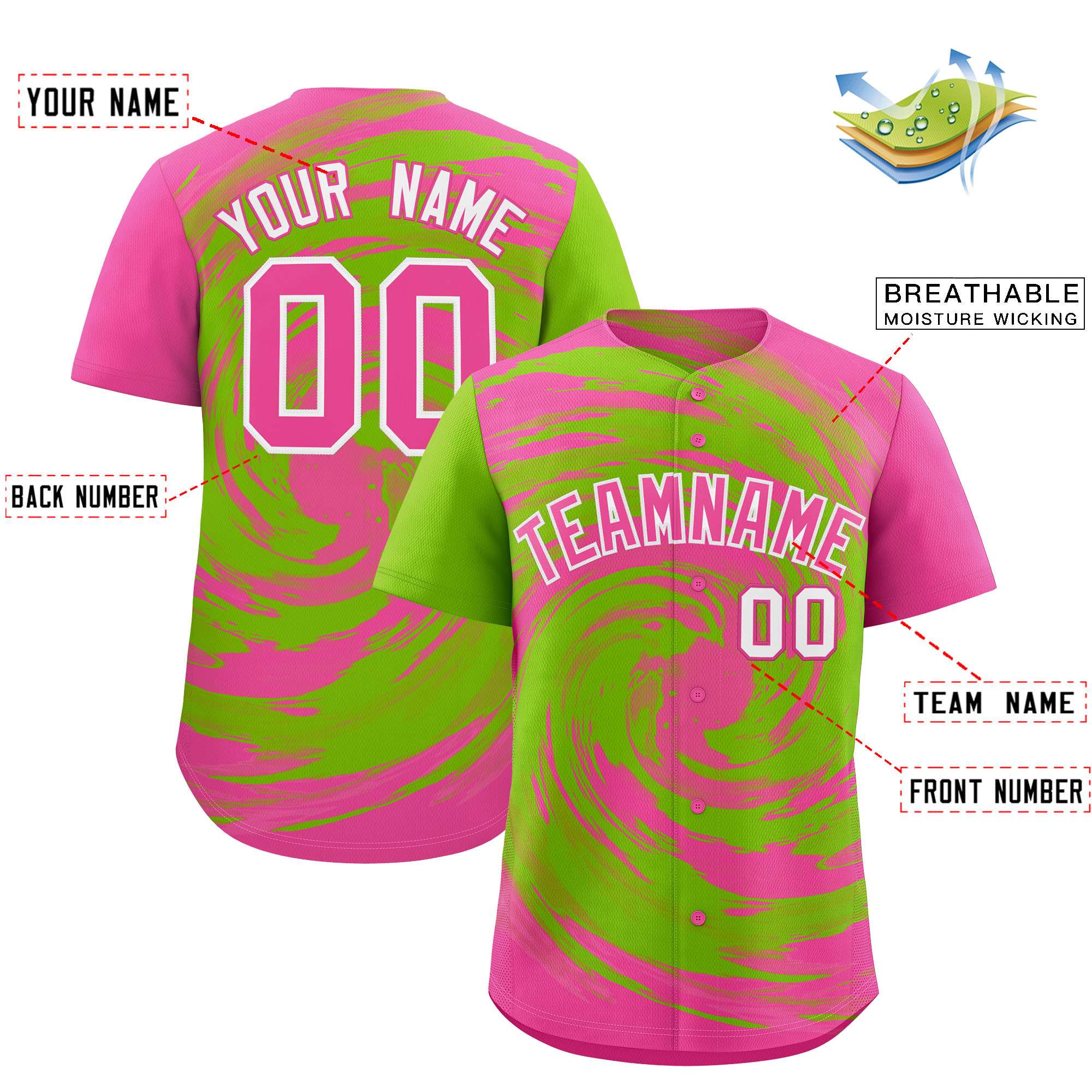 Custom Neon Green Pink Swirl Graffiti Pattern Authentic Baseball Jersey