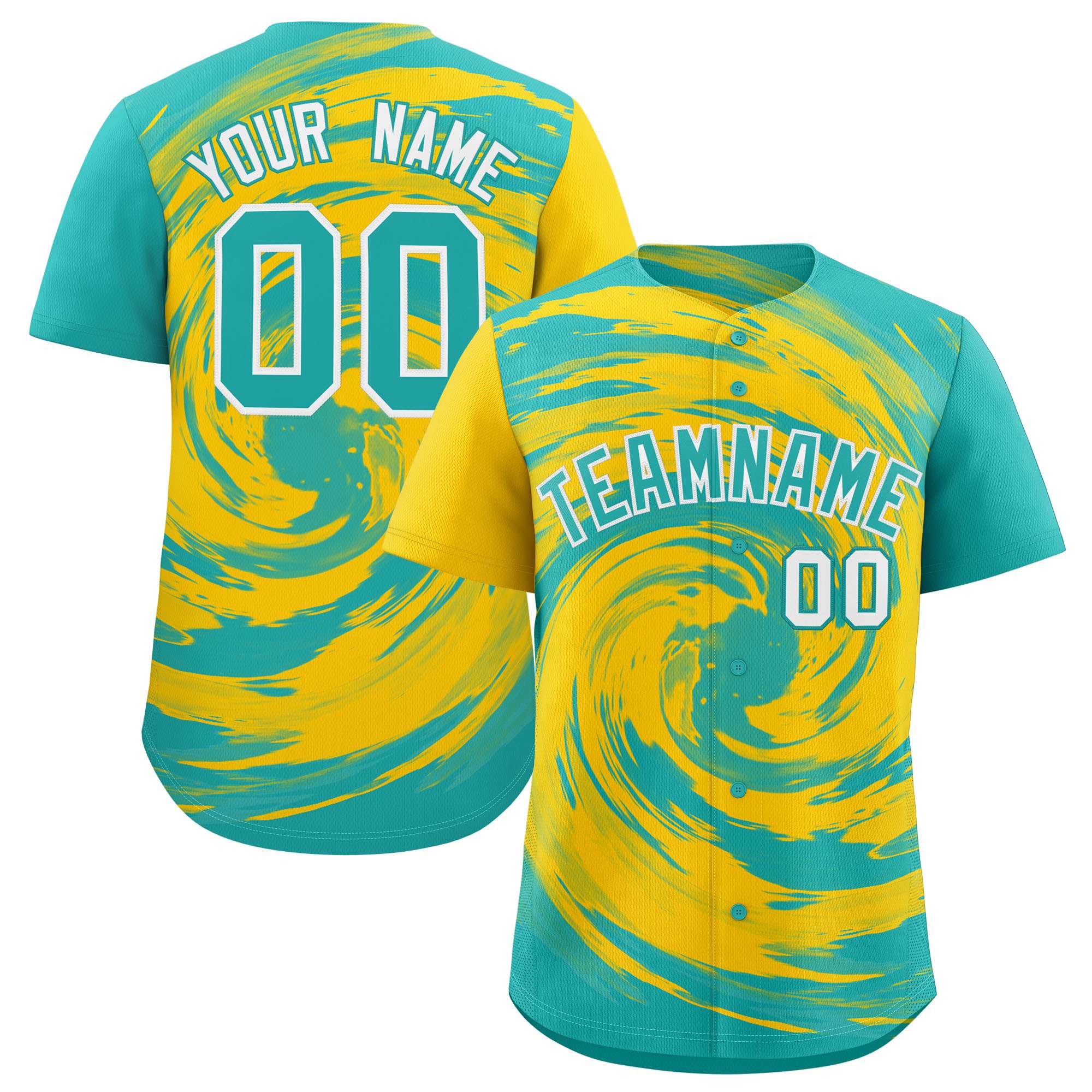 Custom Gold Aqua Swirl Graffiti Pattern Authentic Baseball Jersey