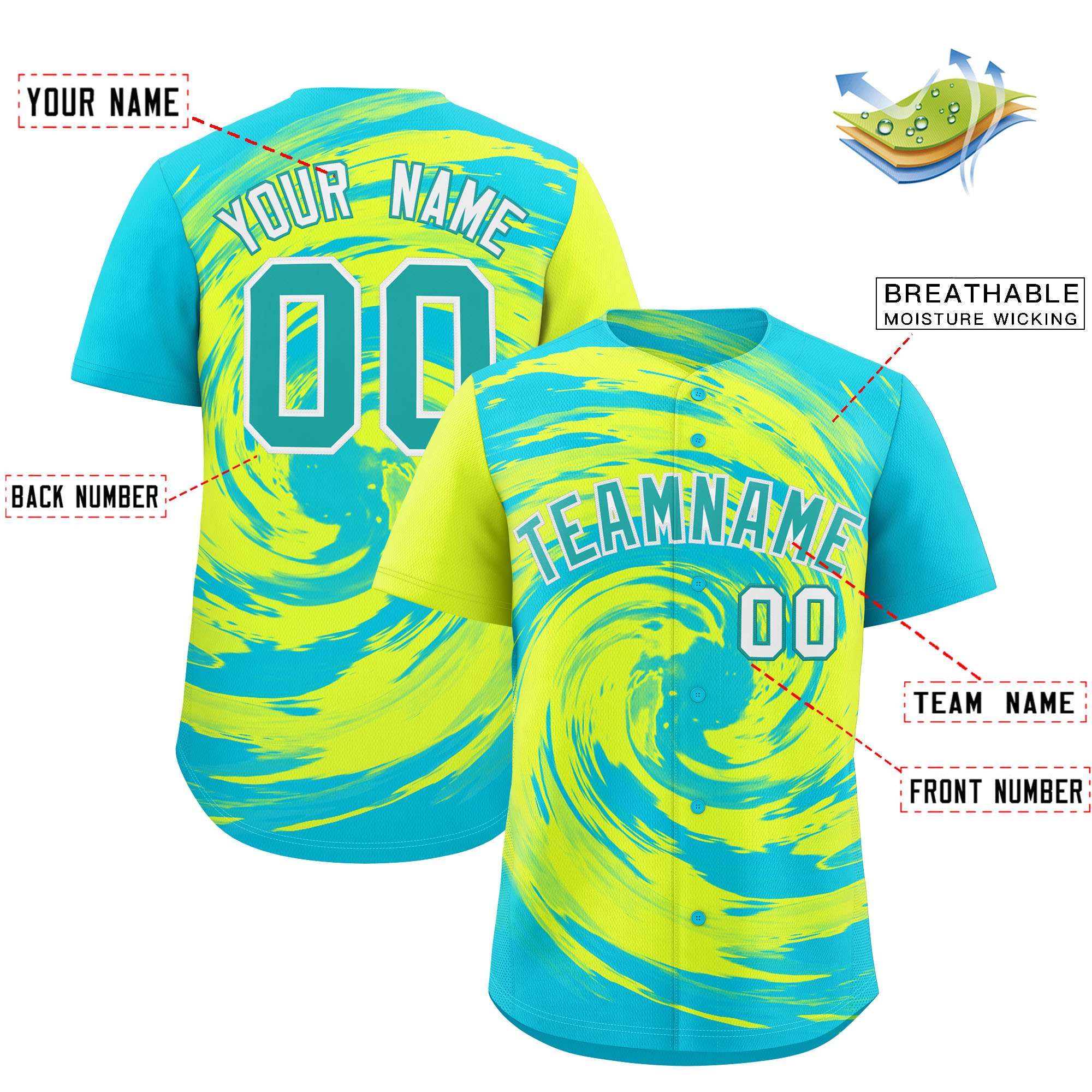 Custom Green Sky Blue Swirl Graffiti Pattern Authentic Baseball Jersey