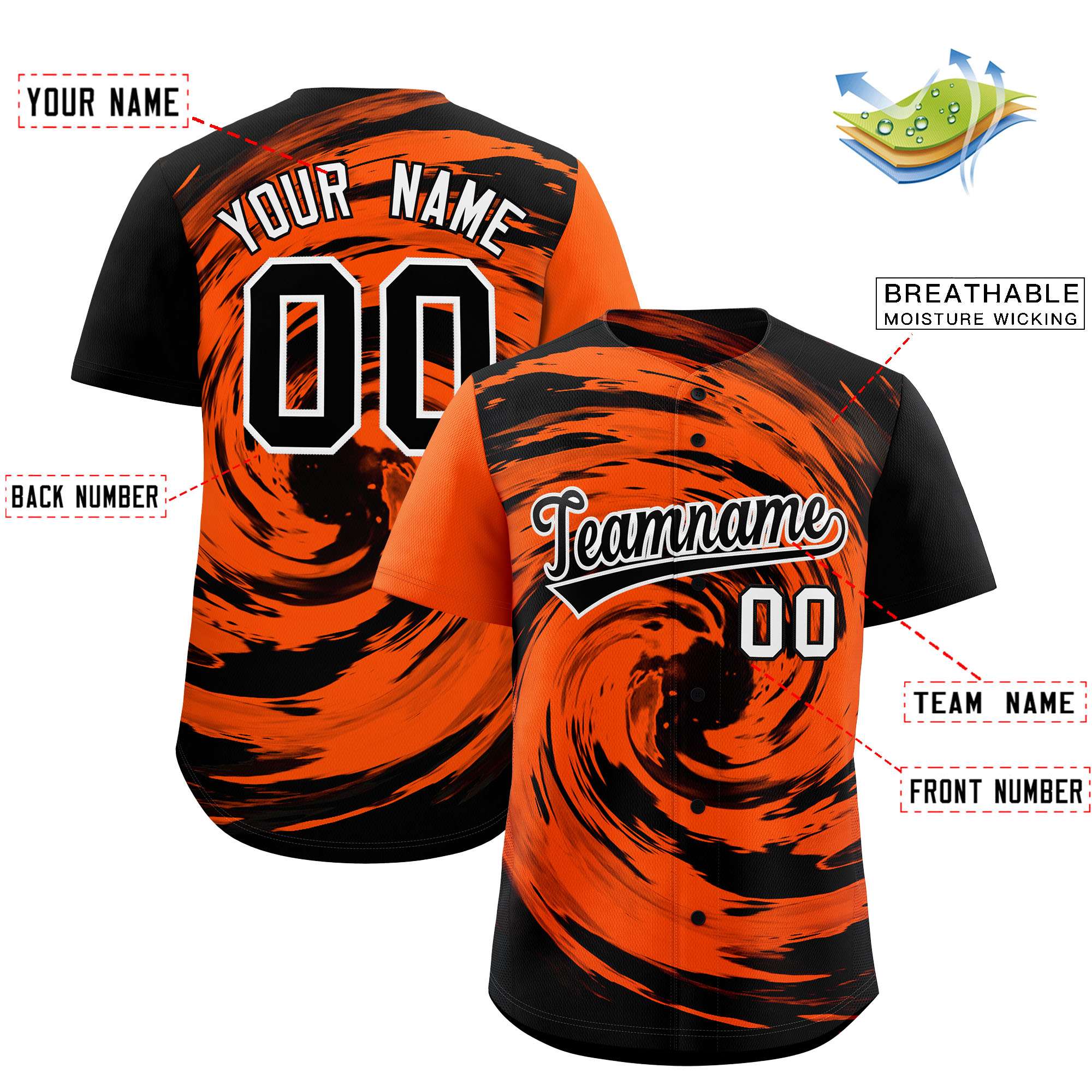 Custom Orange Black Swirl Graffiti Pattern Authentic Baseball Jersey