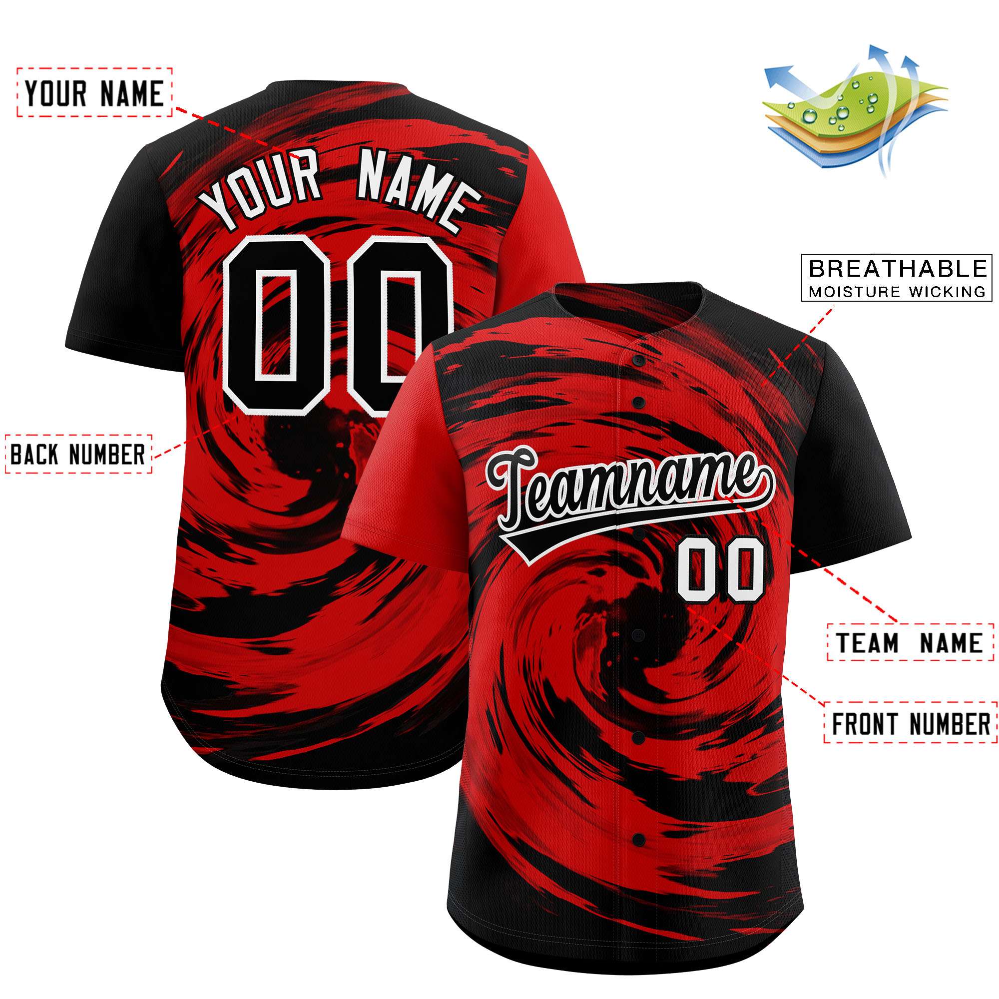 Custom Red Black Swirl Graffiti Pattern Authentic Baseball Jersey