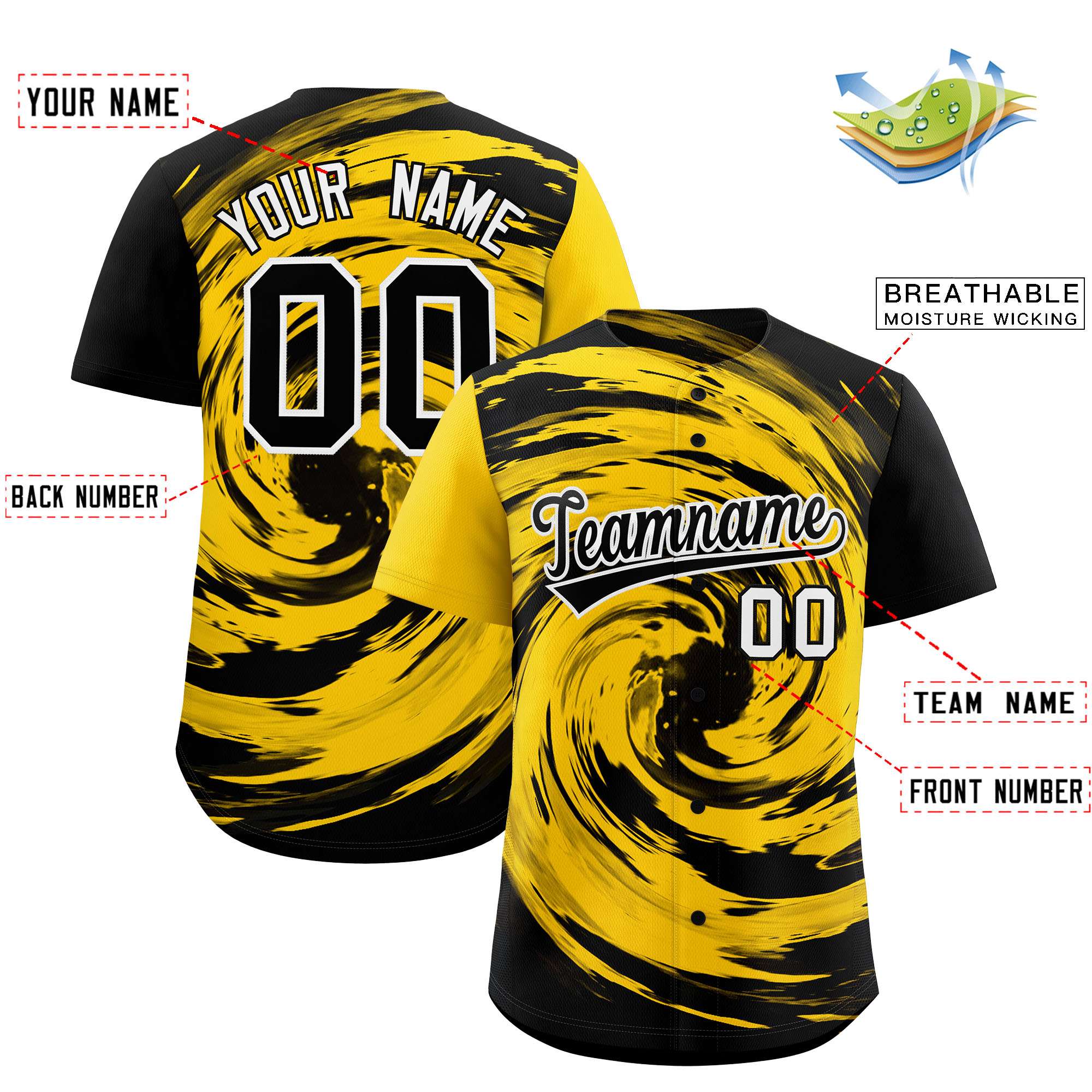 Custom Gold Black Swirl Graffiti Pattern Authentic Baseball Jersey