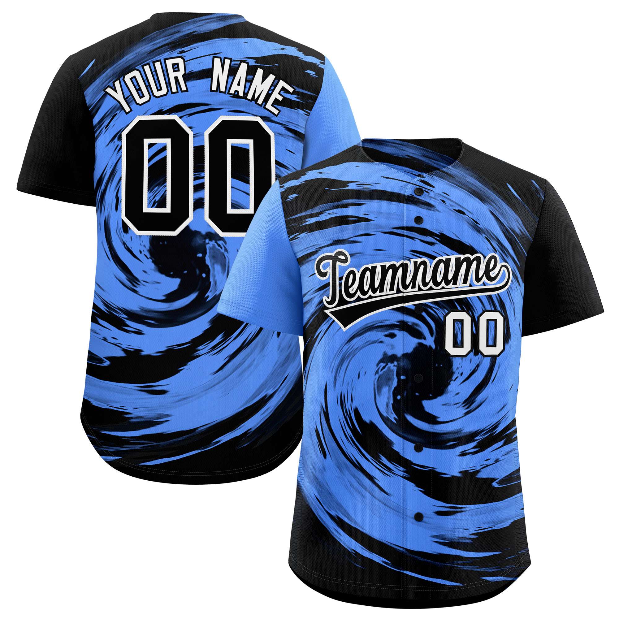 Custom Powder Blue Black Swirl Graffiti Pattern Authentic Baseball Jersey