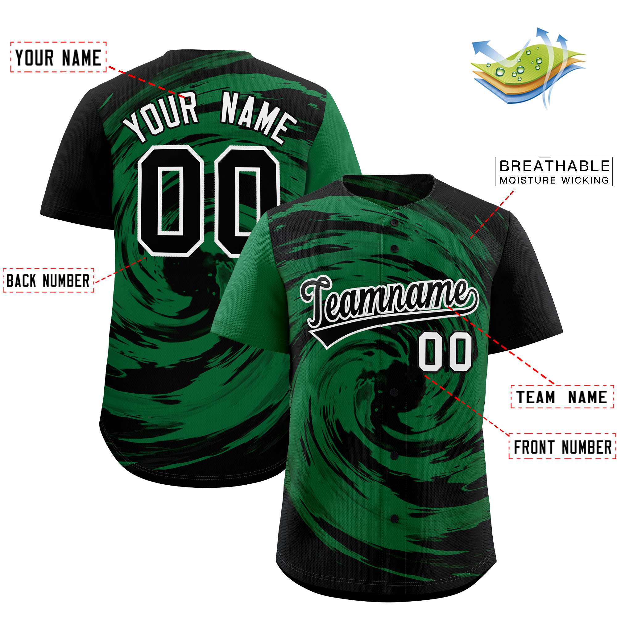 Custom Kelly Green Black Swirl Graffiti Pattern Authentic Baseball Jersey