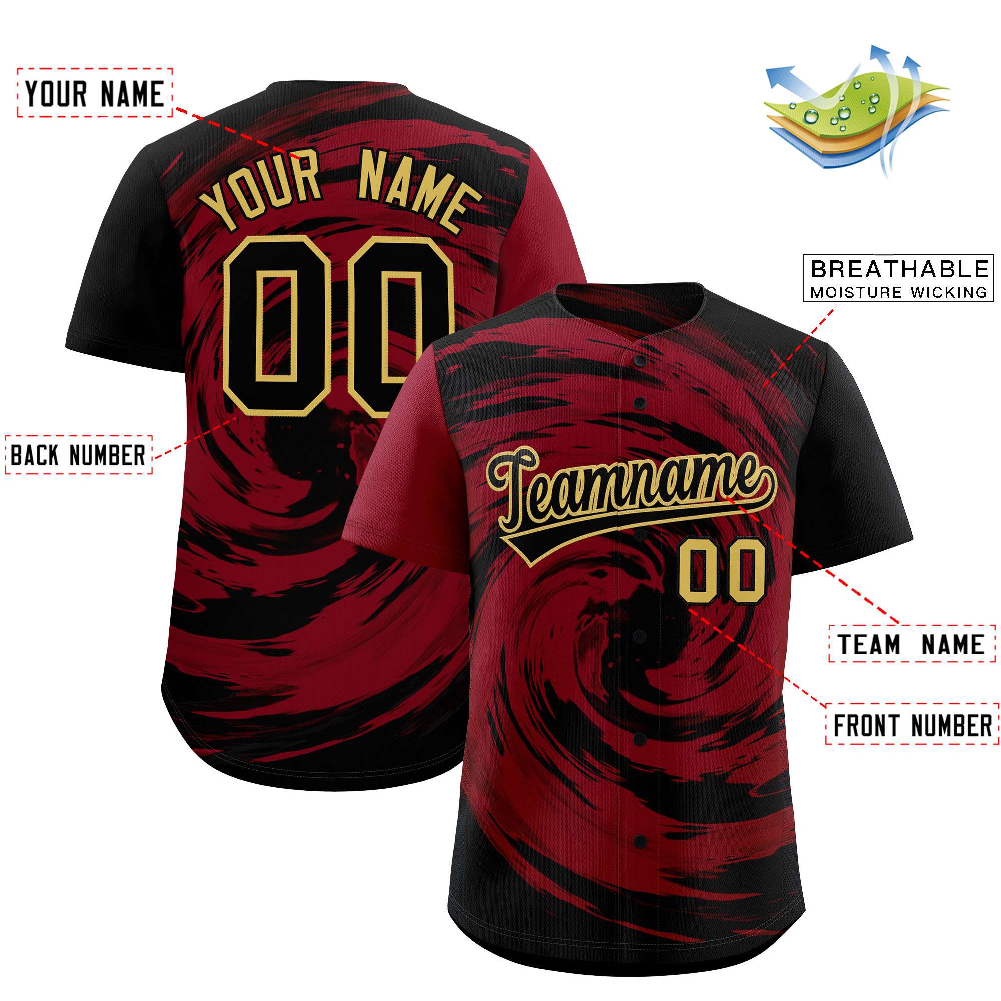 Custom Crimson Black Swirl Graffiti Pattern Authentic Baseball Jersey