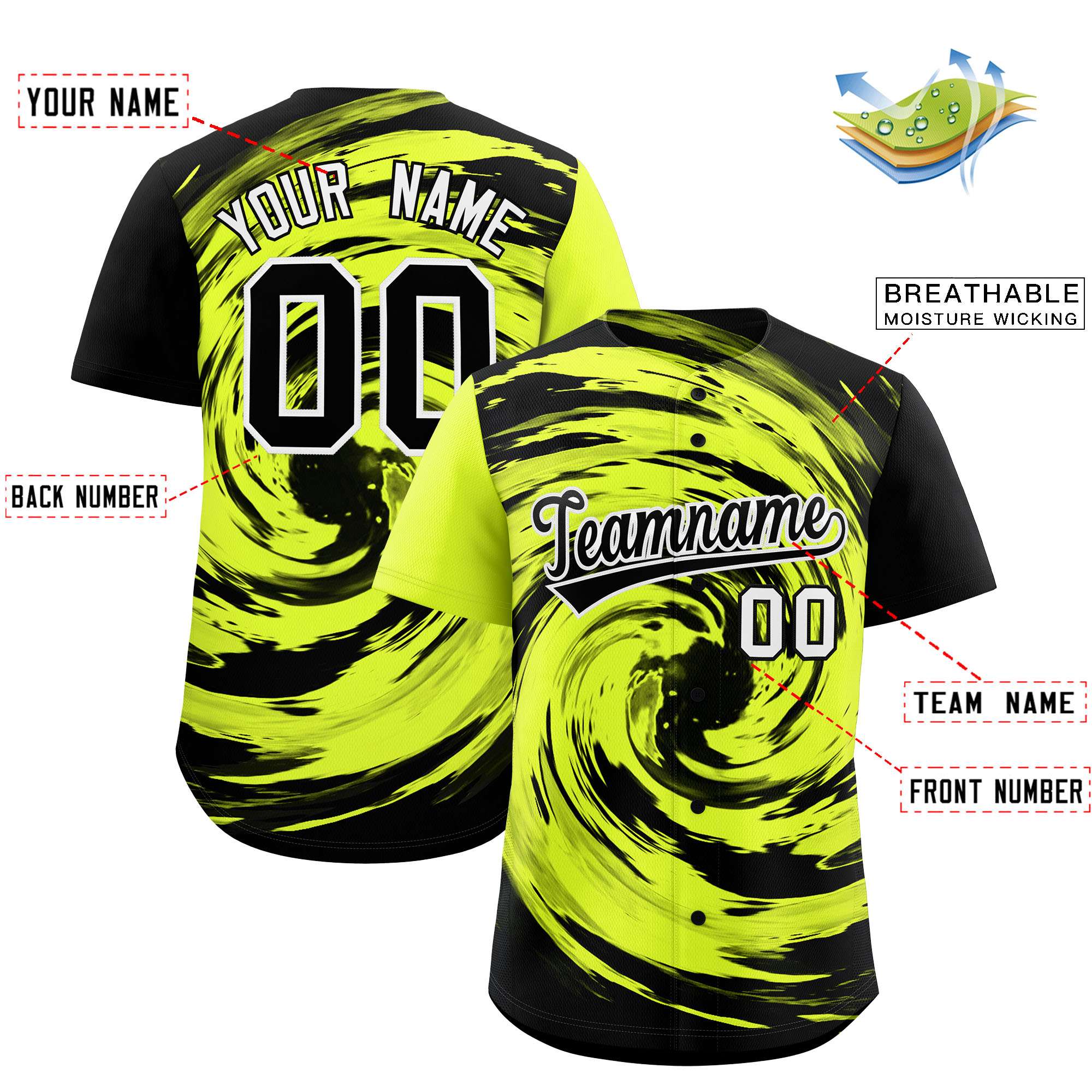 Custom Green Black Swirl Graffiti Pattern Authentic Baseball Jersey