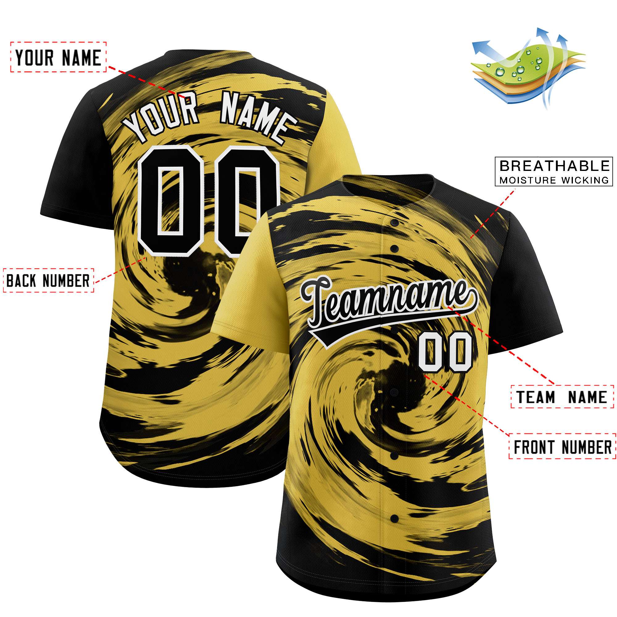 Custom Old Gold Black Swirl Graffiti Pattern Authentic Baseball Jersey