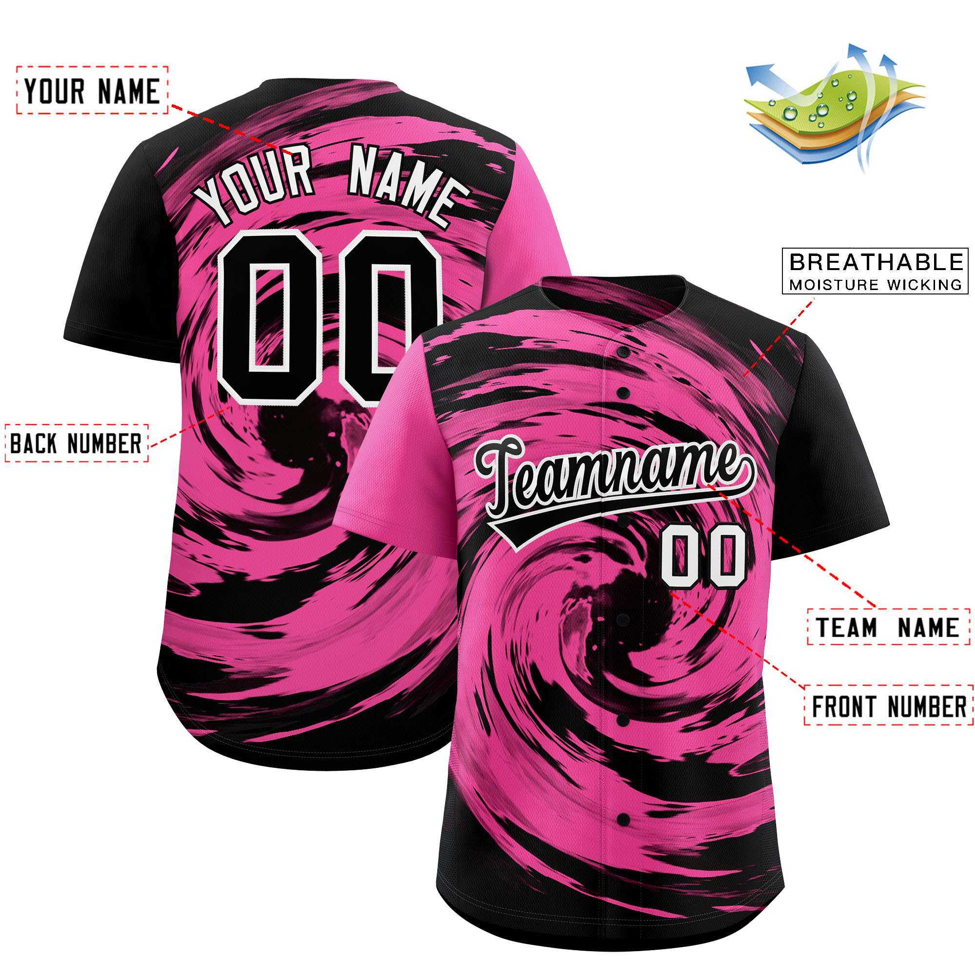 Custom Pink Black Swirl Graffiti Pattern Authentic Baseball Jersey