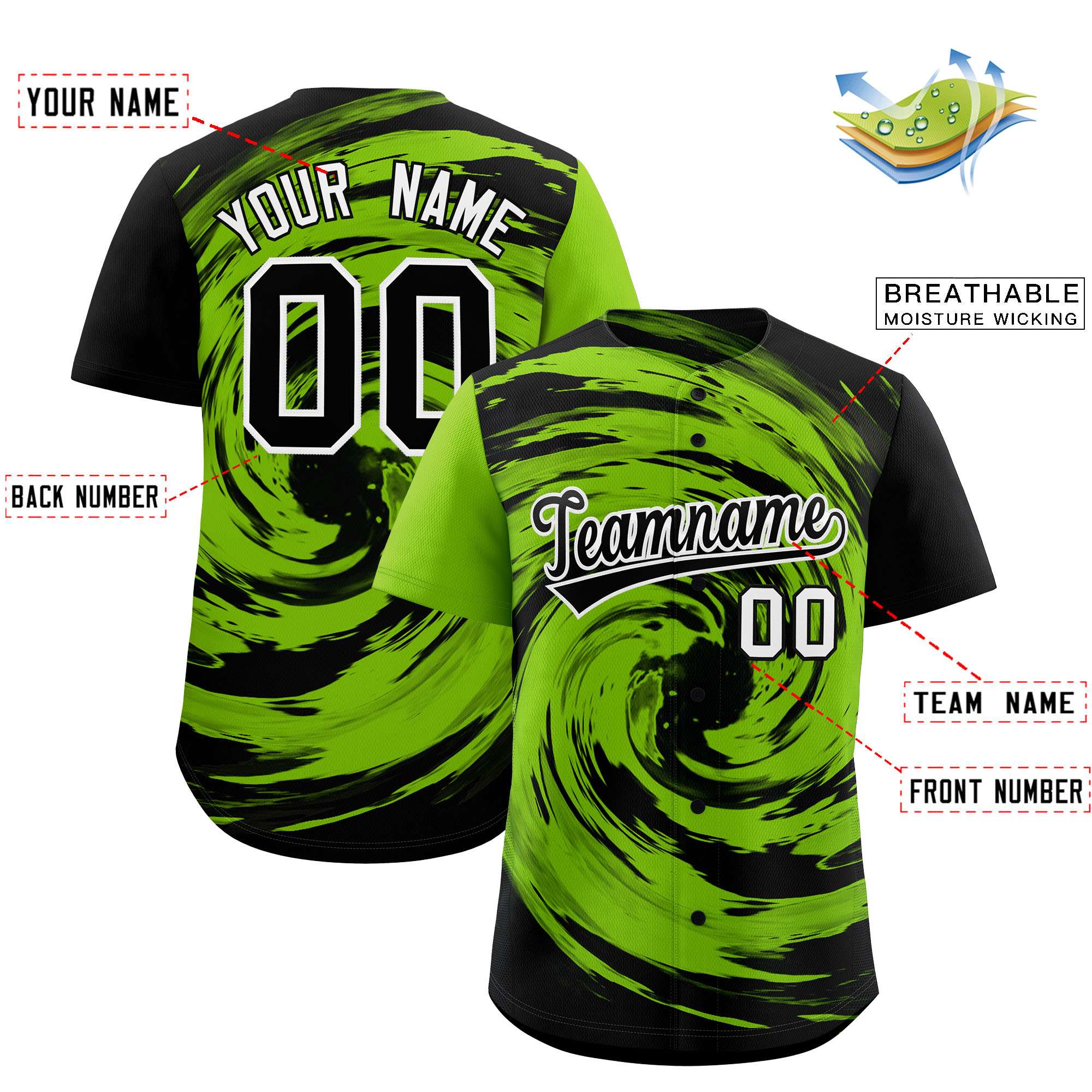 Custom Neon Green Black Swirl Graffiti Pattern Authentic Baseball Jersey