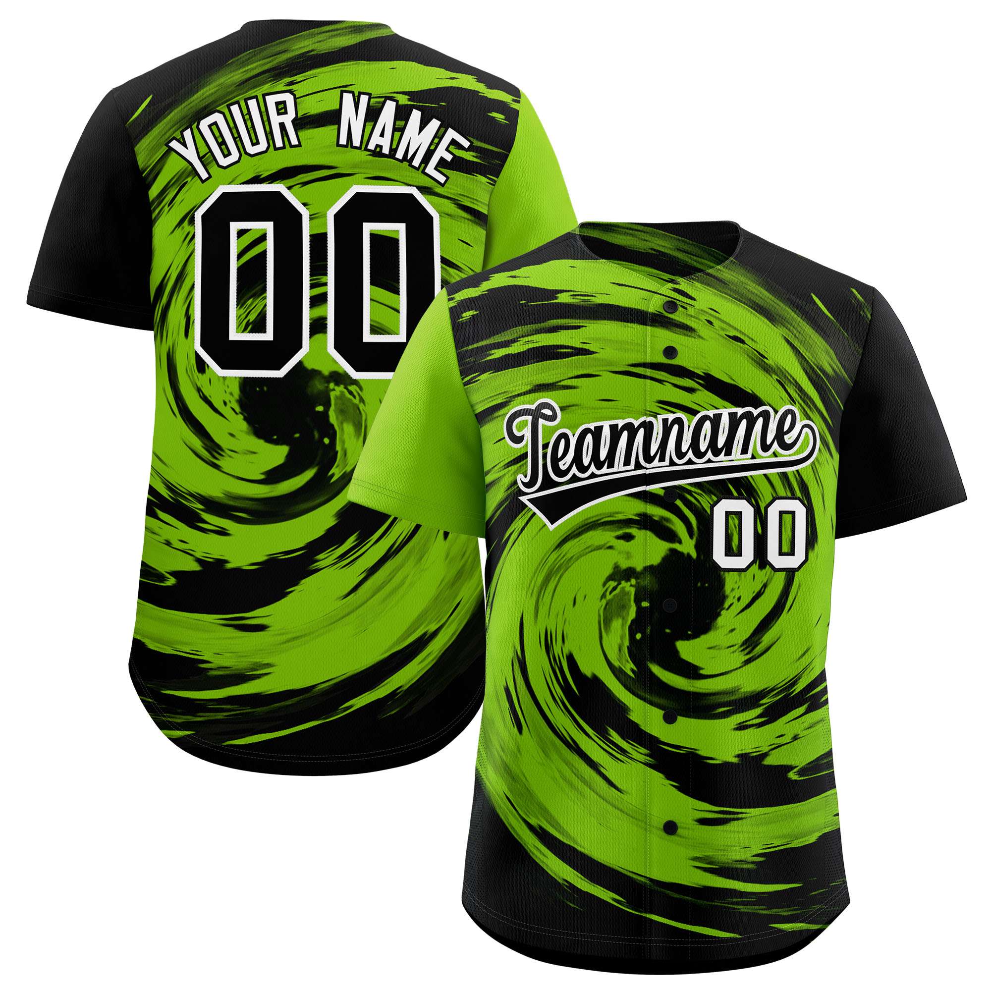 Custom Neon Green Black Swirl Graffiti Pattern Authentic Baseball Jersey