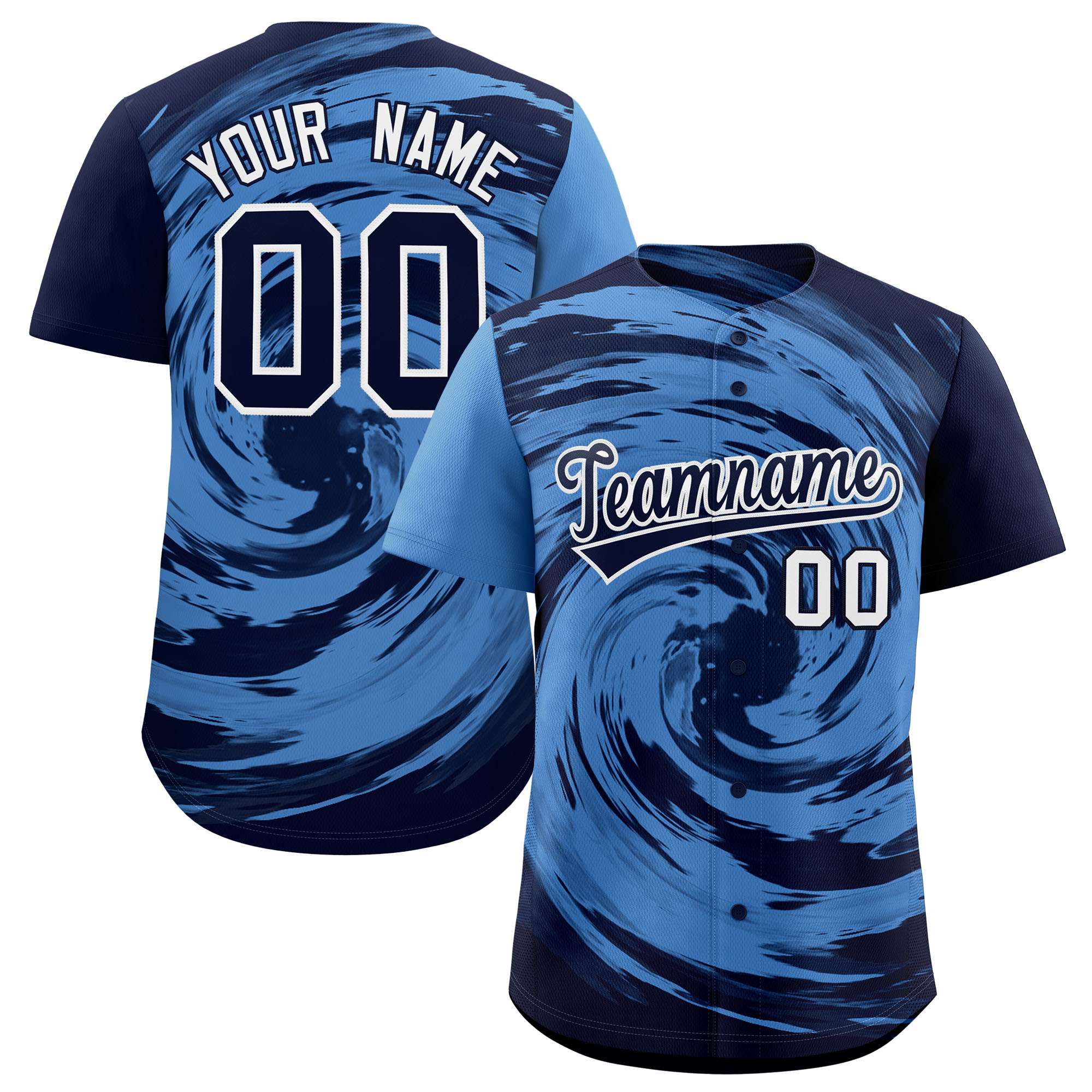 Custom Light Blue Navy Swirl Graffiti Pattern Authentic Baseball Jersey