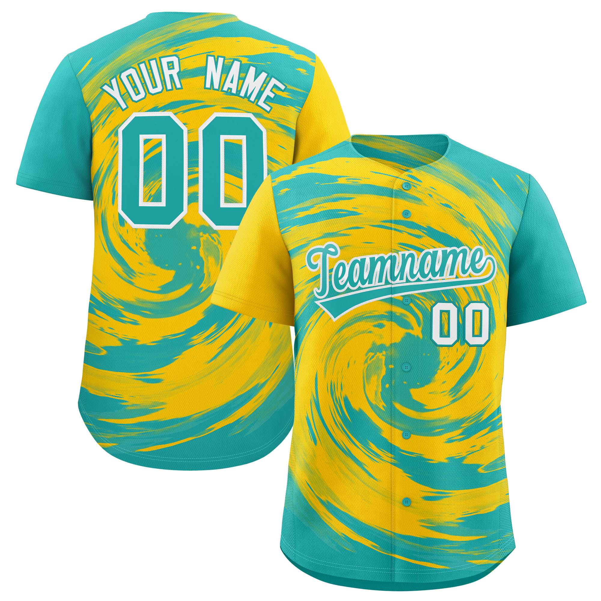 Custom Gold Aqua Swirl Graffiti Pattern Authentic Baseball Jersey