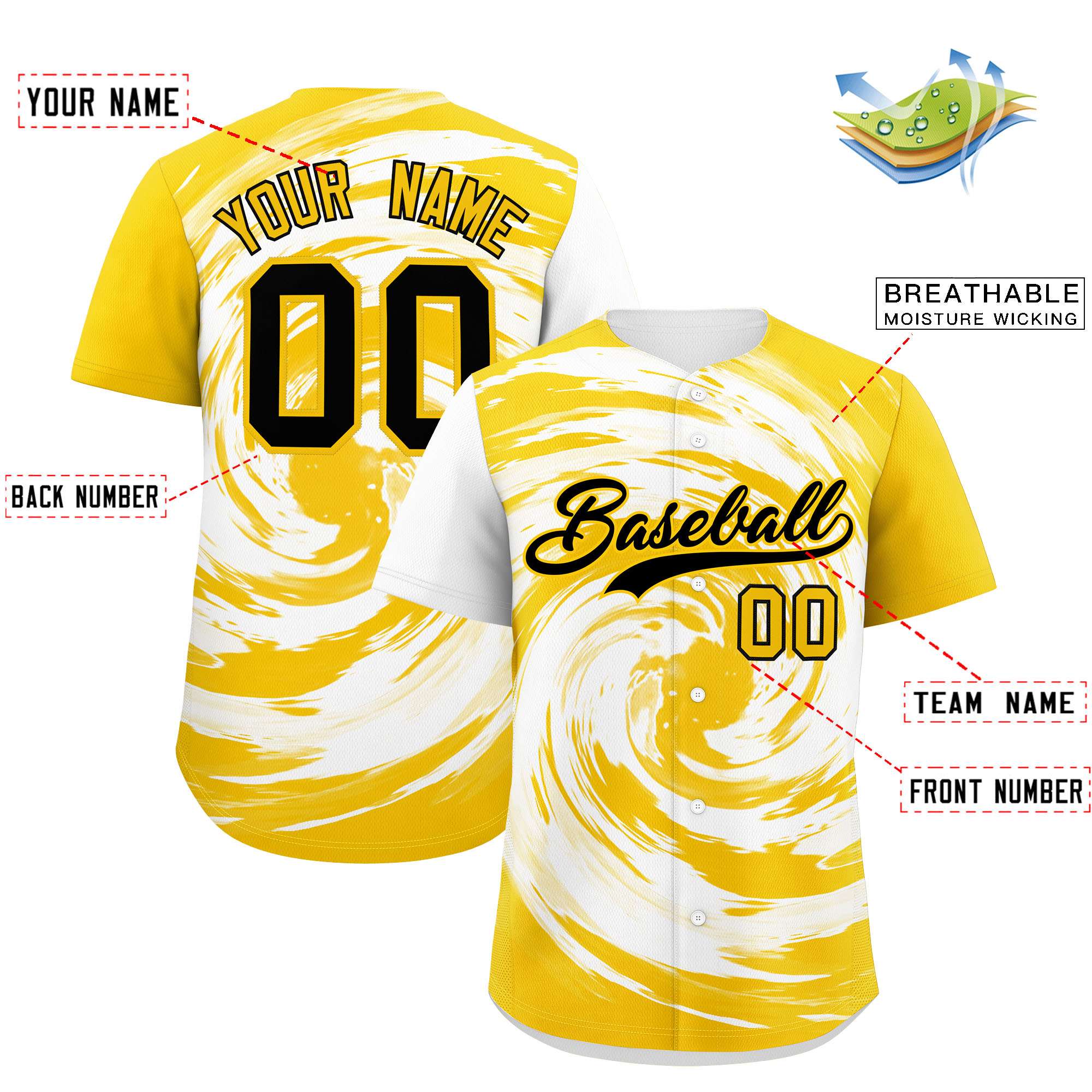 Custom White Gold Swirl Graffiti Pattern Authentic Baseball Jersey