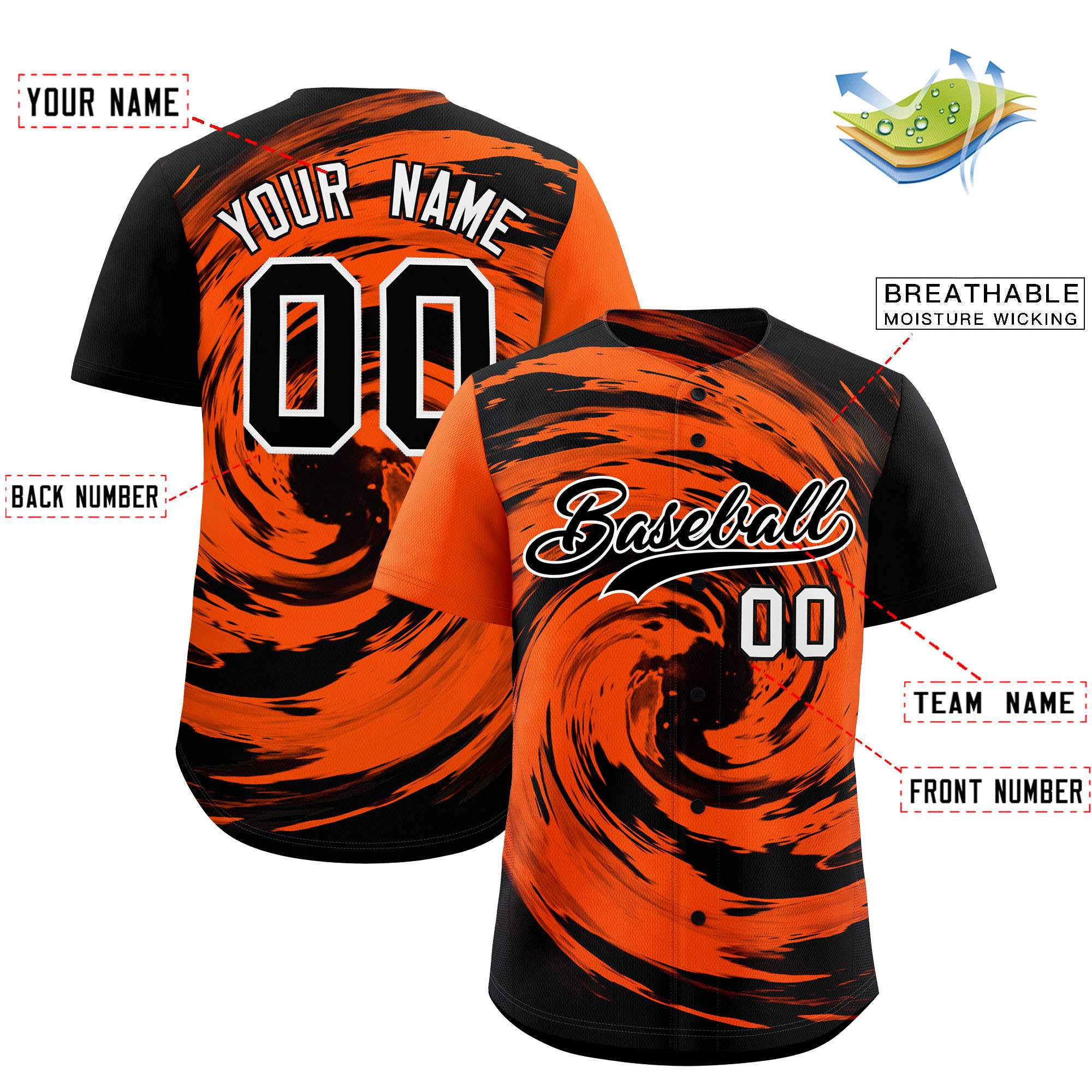 Custom Orange Black Swirl Graffiti Pattern Authentic Baseball Jersey