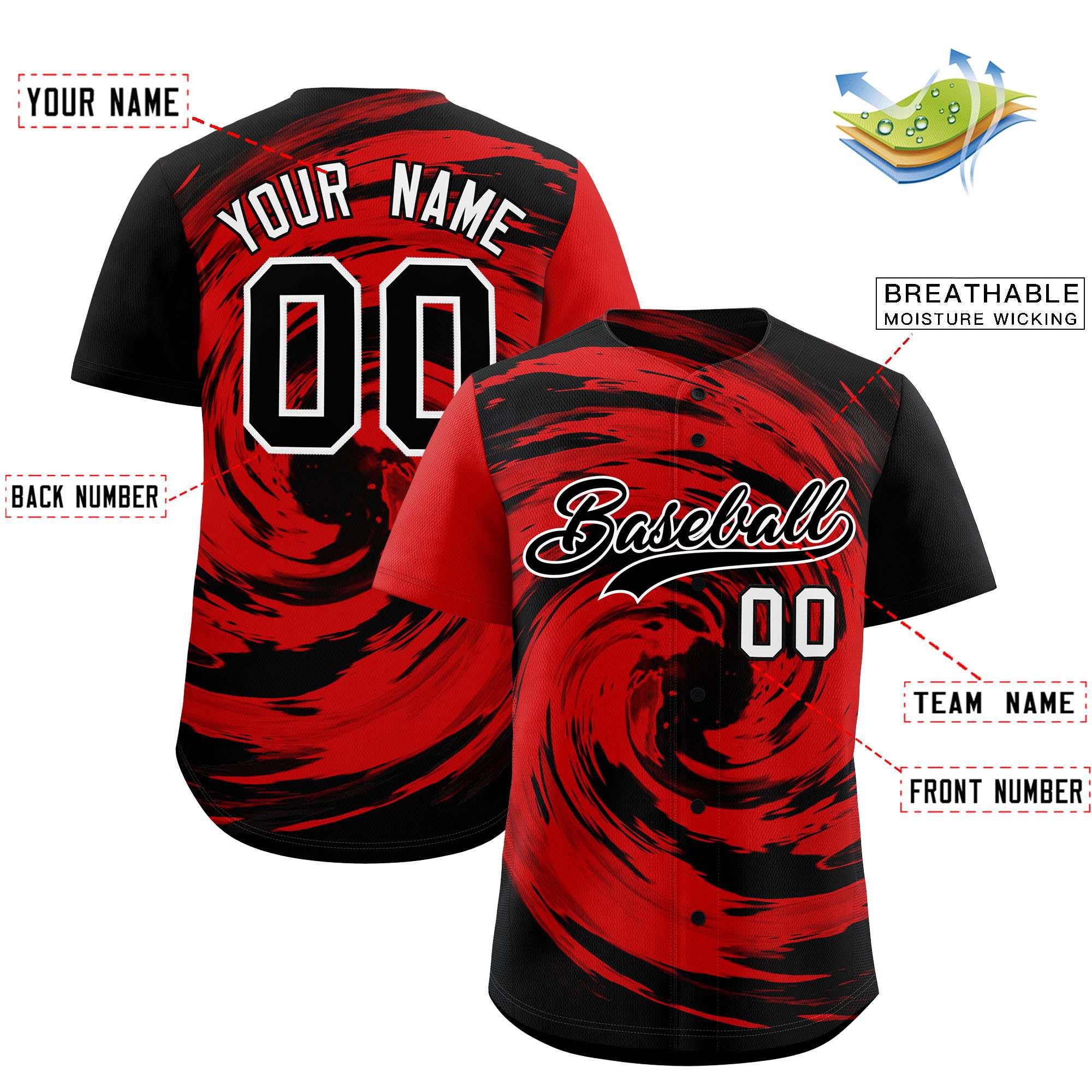 Custom Red Black Swirl Graffiti Pattern Authentic Baseball Jersey