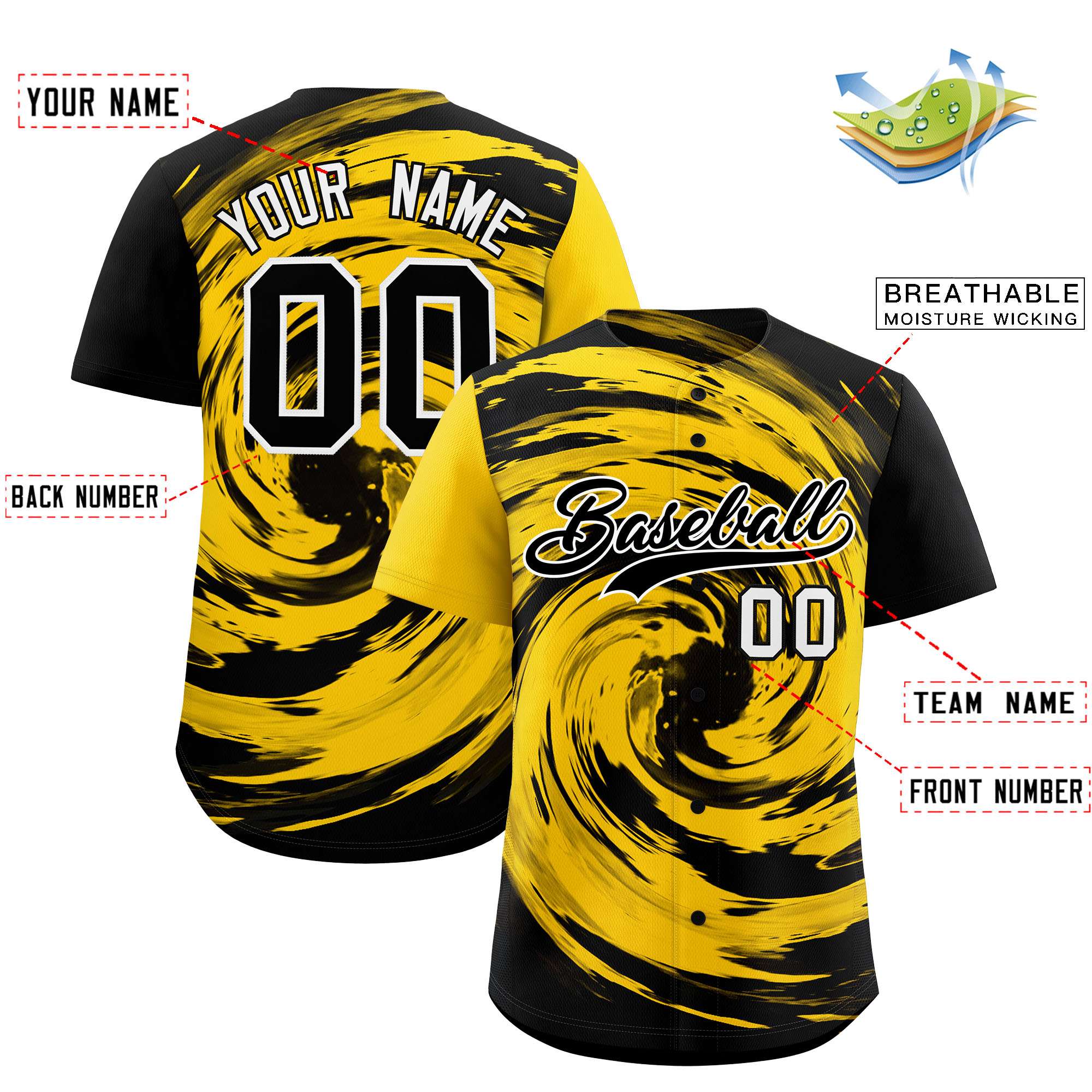 Custom Gold Black Swirl Graffiti Pattern Authentic Baseball Jersey