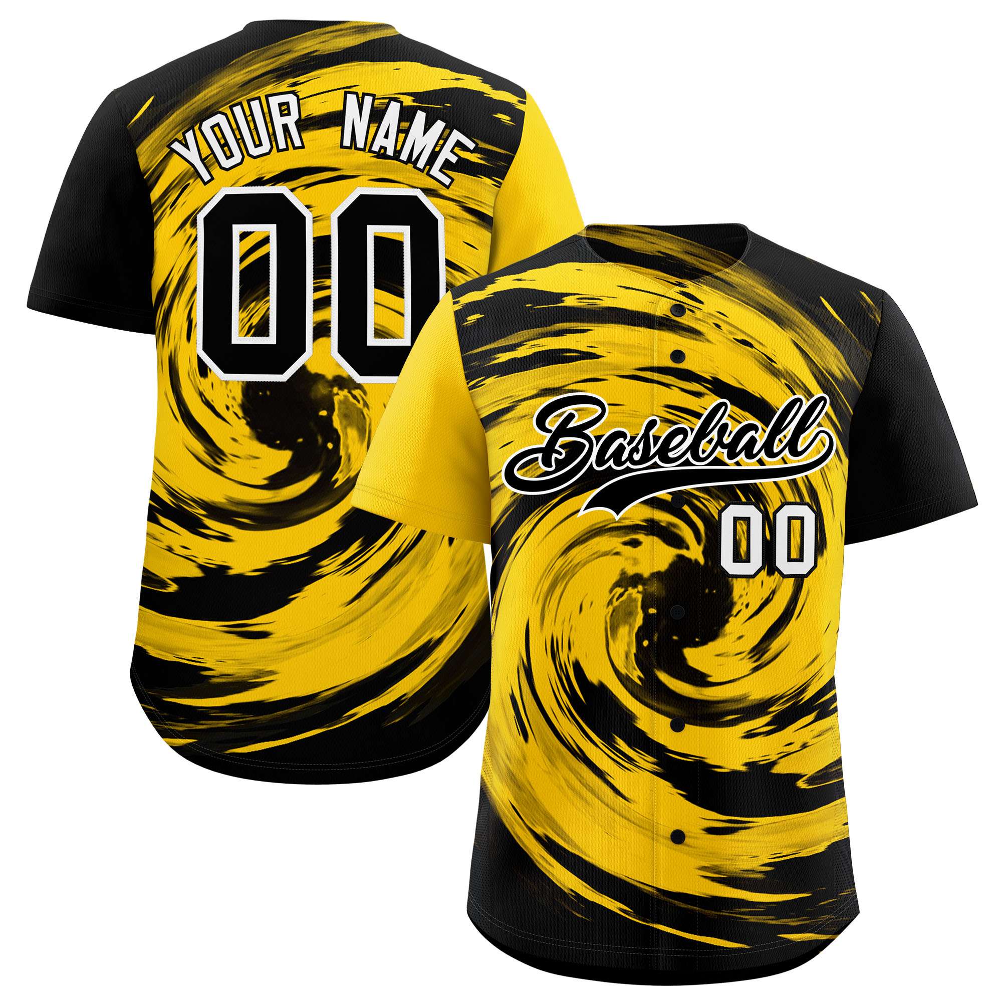 Custom Gold Black Swirl Graffiti Pattern Authentic Baseball Jersey