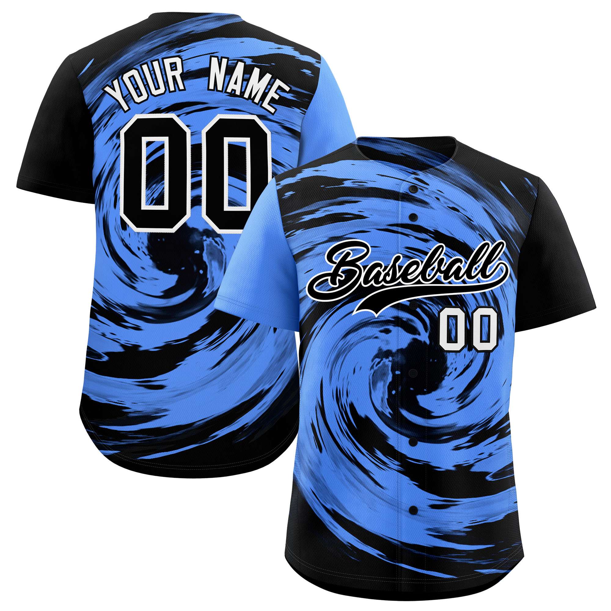 Custom Powder Blue Black Swirl Graffiti Pattern Authentic Baseball Jersey