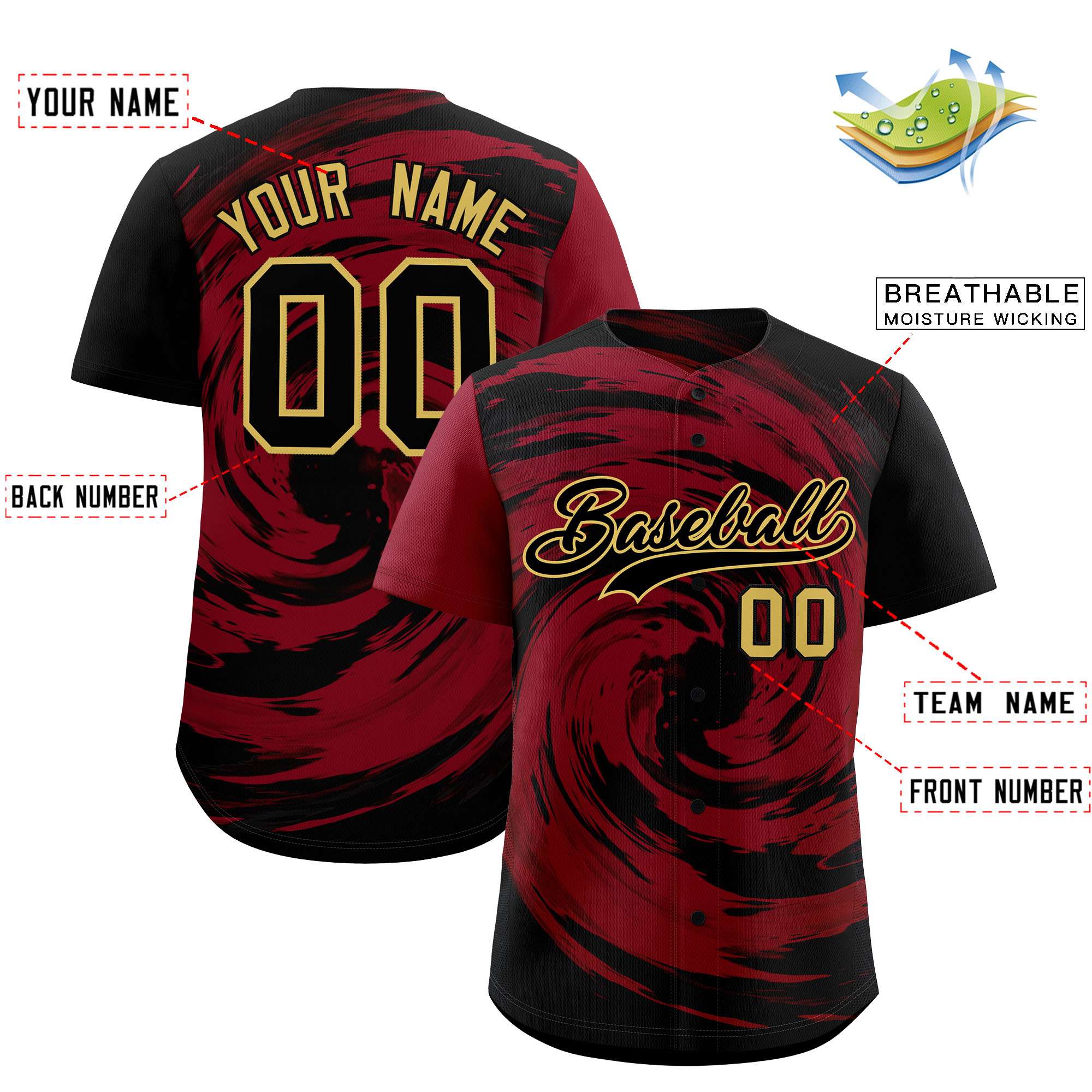 Custom Crimson Black Swirl Graffiti Pattern Authentic Baseball Jersey