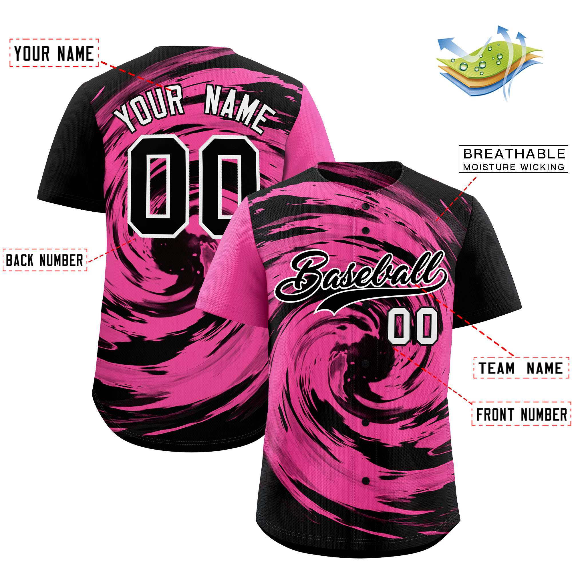 Custom Pink Black Swirl Graffiti Pattern Authentic Baseball Jersey