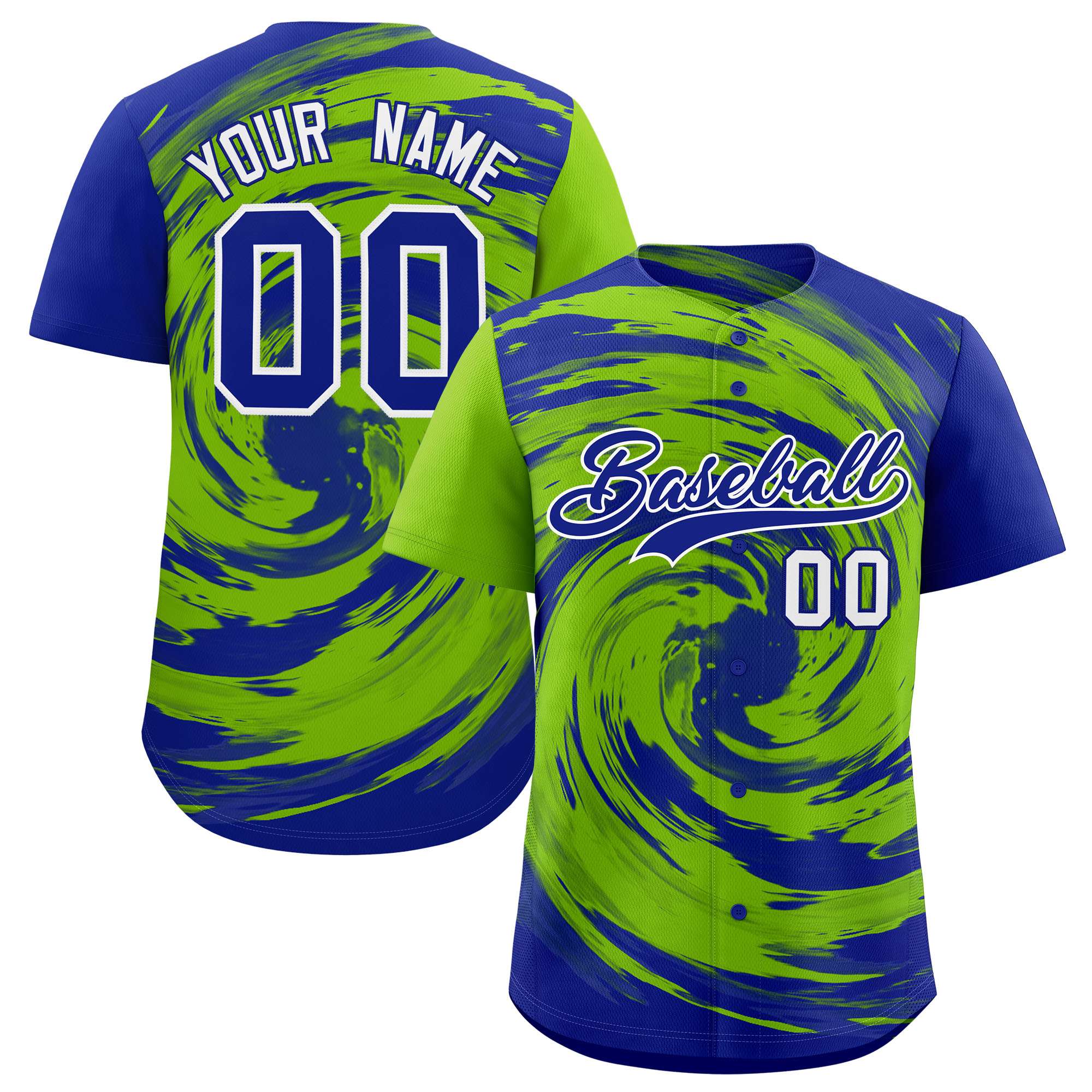 Custom Neon Green Royal Swirl Graffiti Pattern Authentic Baseball Jersey