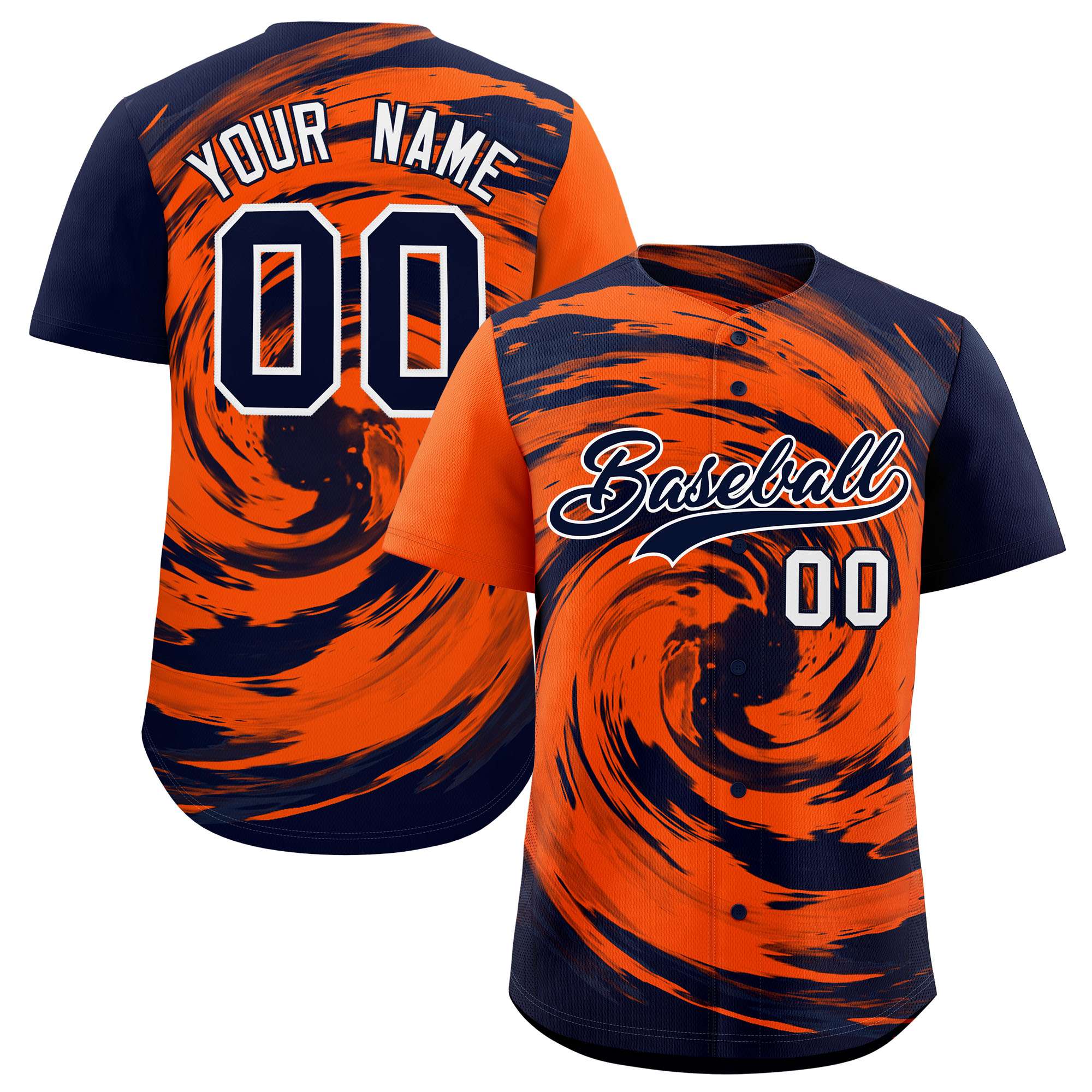 Custom Orange Navy Swirl Graffiti Pattern Authentic Baseball Jersey