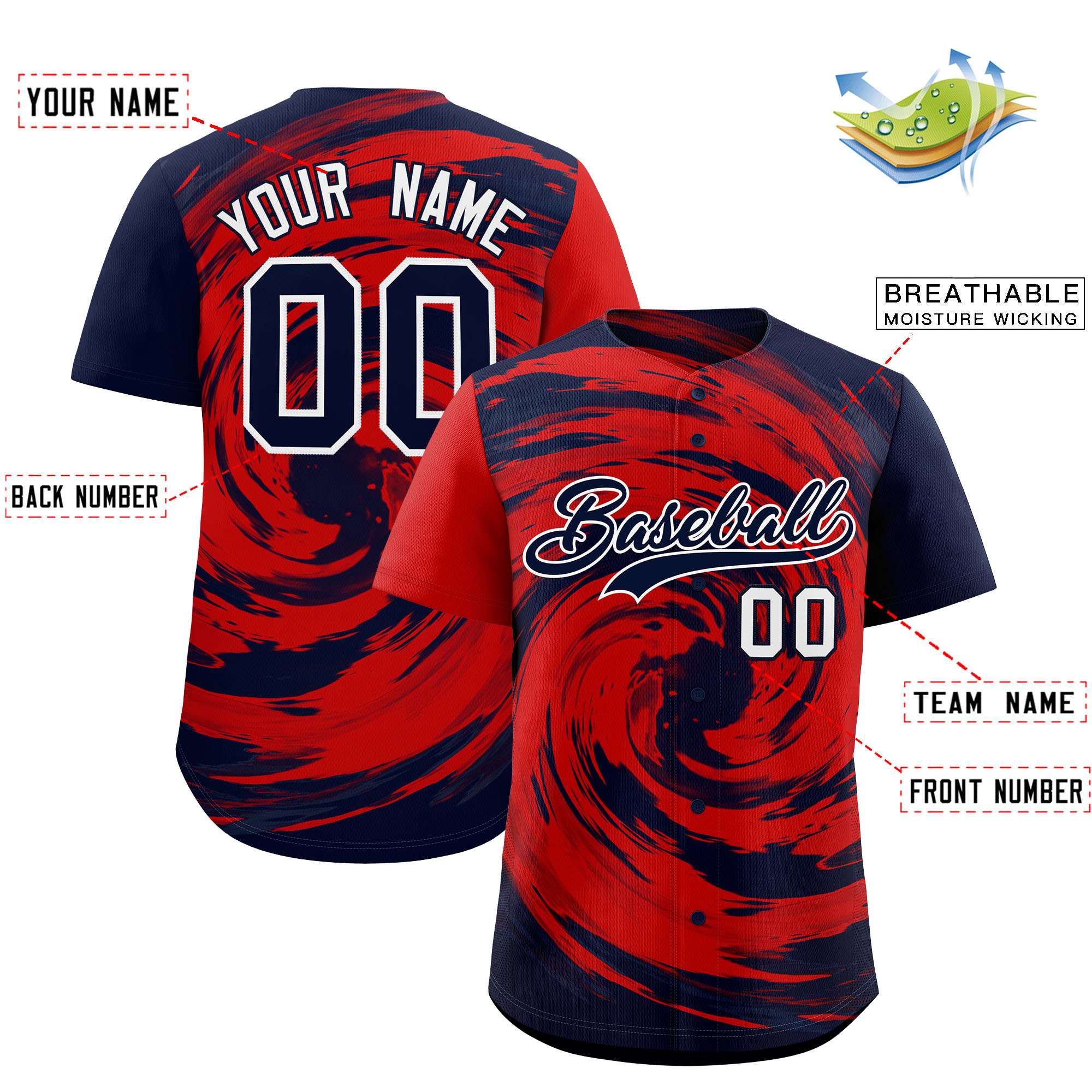 Custom Red Navy Swirl Graffiti Pattern Authentic Baseball Jersey